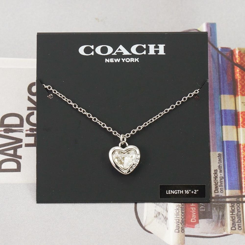 NWT Coach Stone Heart Necklace Clear Silver Tone
