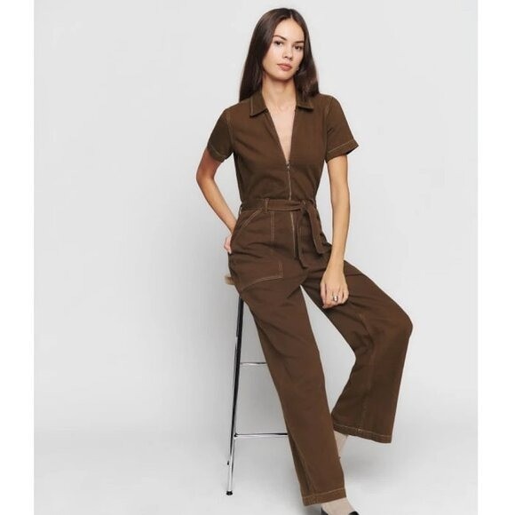 Reformation Jeans Cassidy Denim Jumpsuit Brown Size 0
