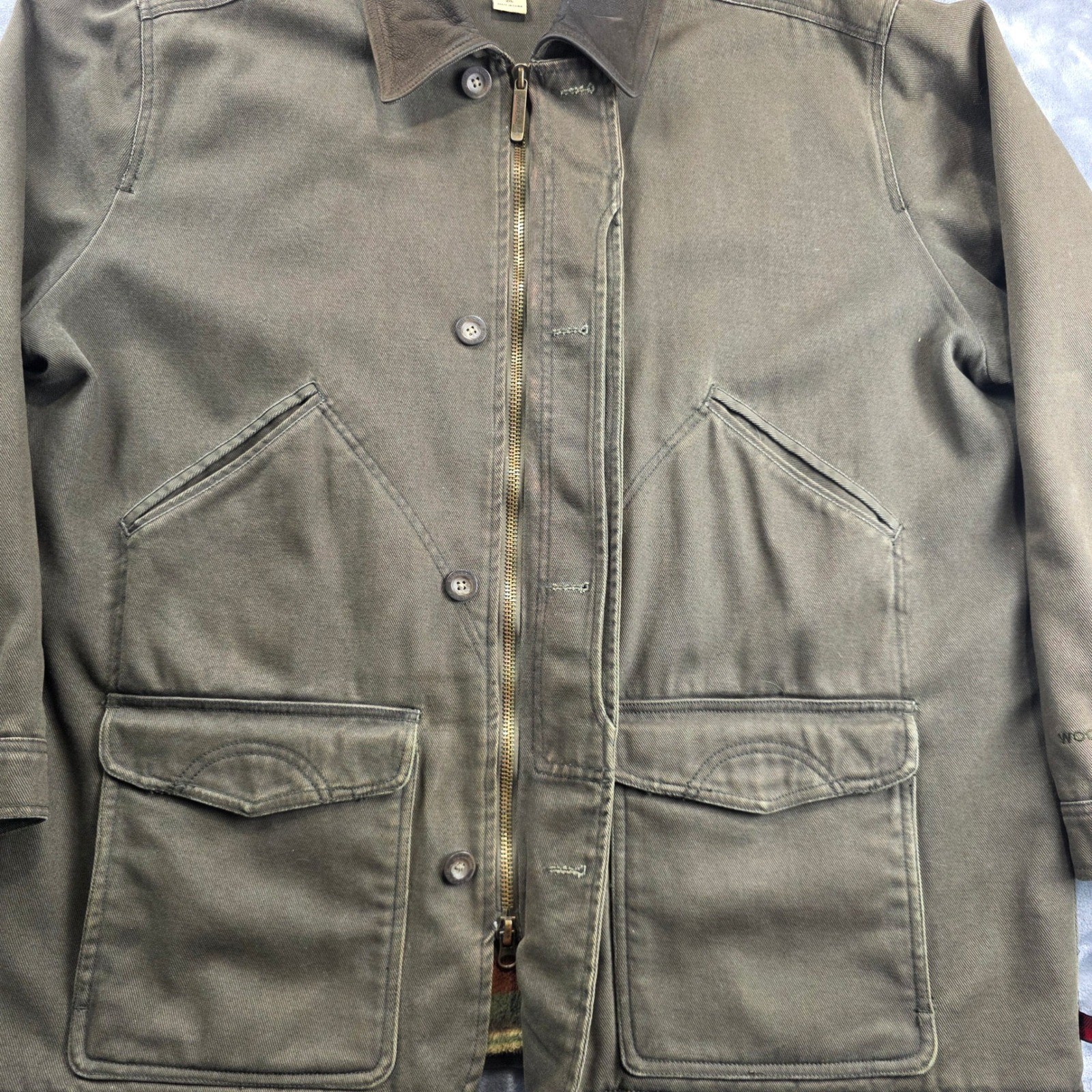 Woolrich Field Jacket Mens 2XL Olive Canvas Barn Chore Fleece Lined Leather Trim