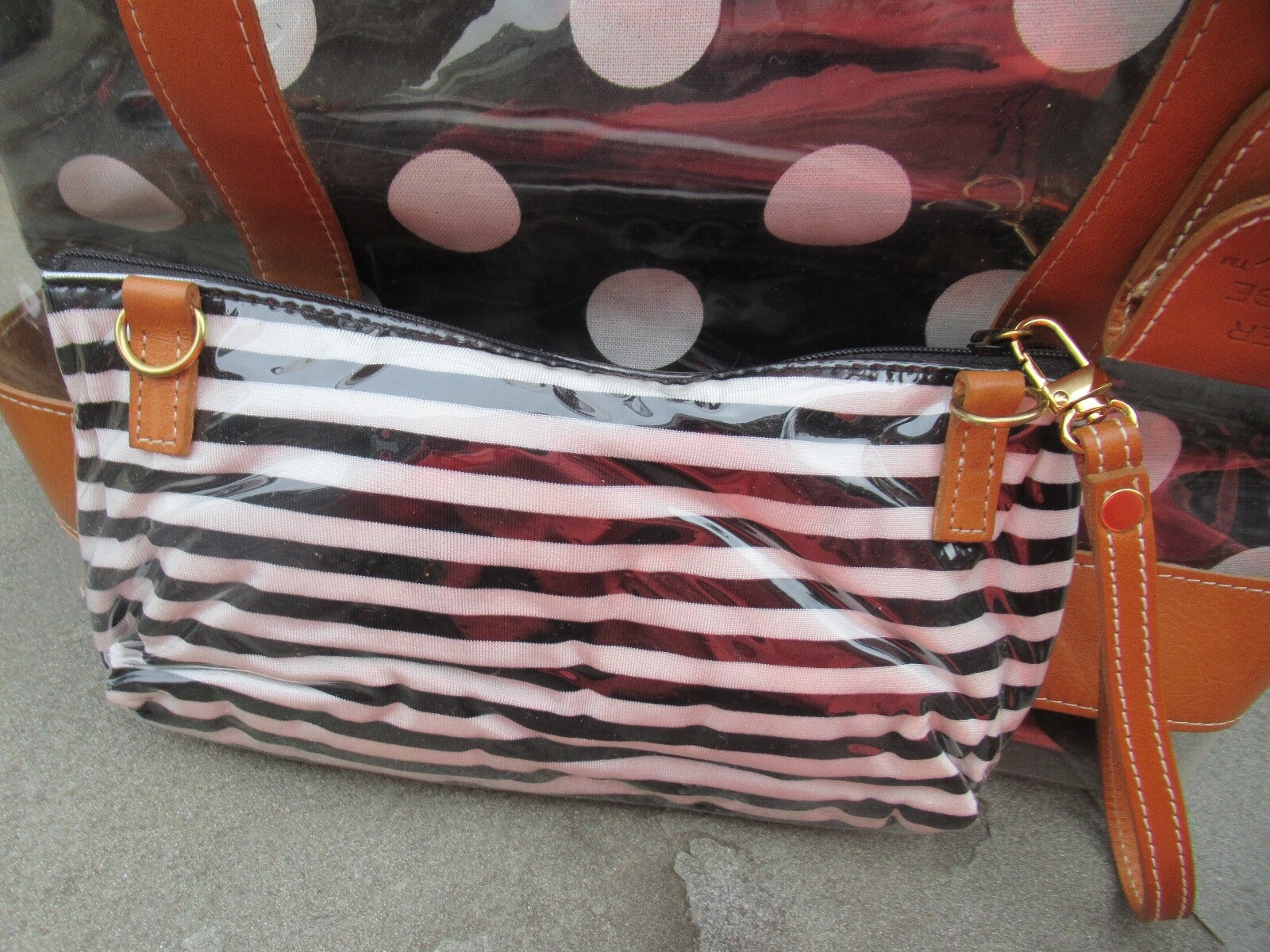 NWT Clever Carriage Co. Large Clear Tote/ Leather Trim/ Striped/ Polka Dot Bags