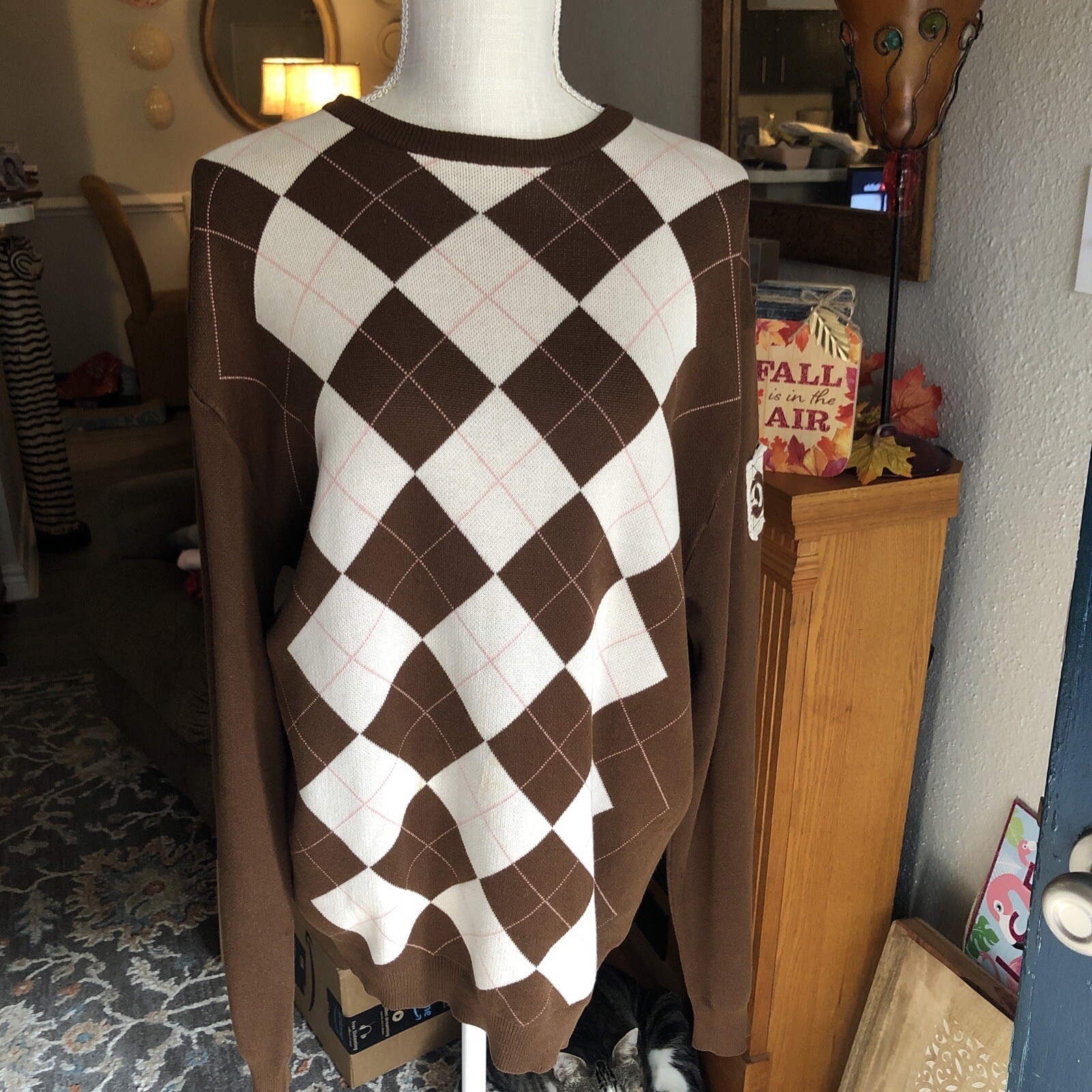Drunknmunky Silk Argyle Sweater Brown Sz L Logo Fall (small Flaw See Pics)