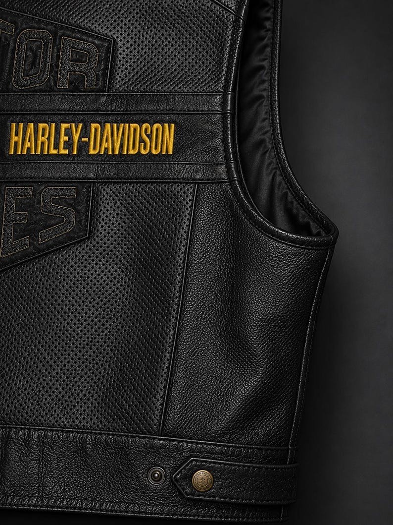 New Harley-Davidson Men’s Perforated Leather Biker Vest Black Motorcycle Jacket