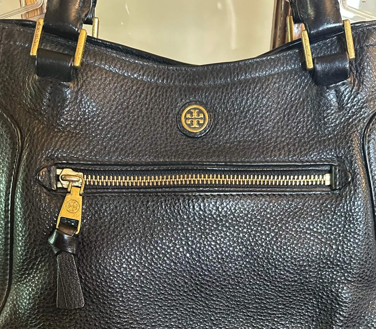 Tory Burch Frances Black Pebbled Leather Satchel/Handbag/Tote/Crossbody Purse