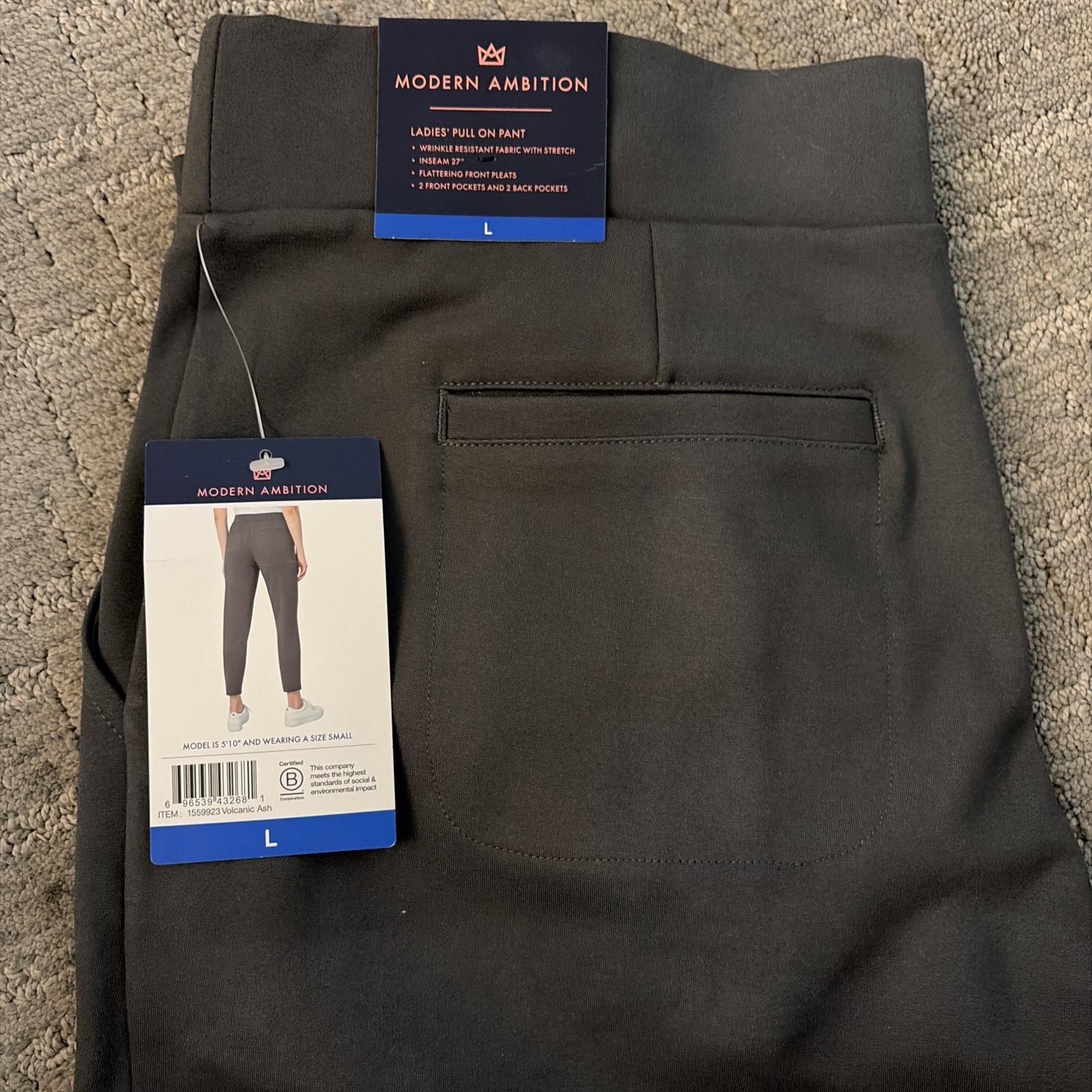 MODERN AMBITION WOMEN’S PLEATED PONTE PANTS (VOLCANIC ASH, LARGE)NWT
