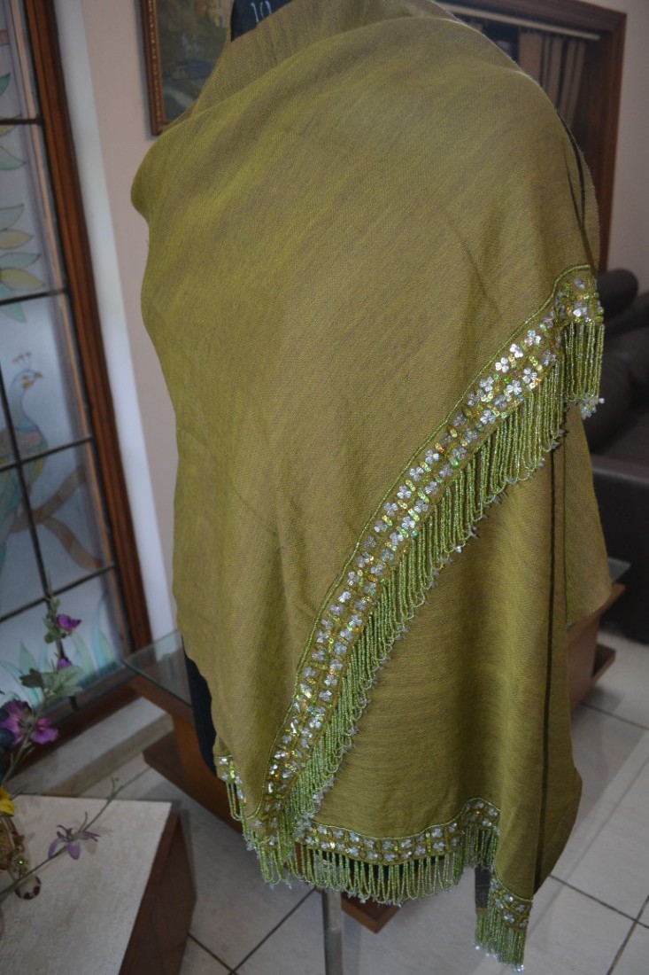 moss/ navy reversible SEQUINS BEADS ON TASSELS PASHMINA SHAWL 100% CASHMERE