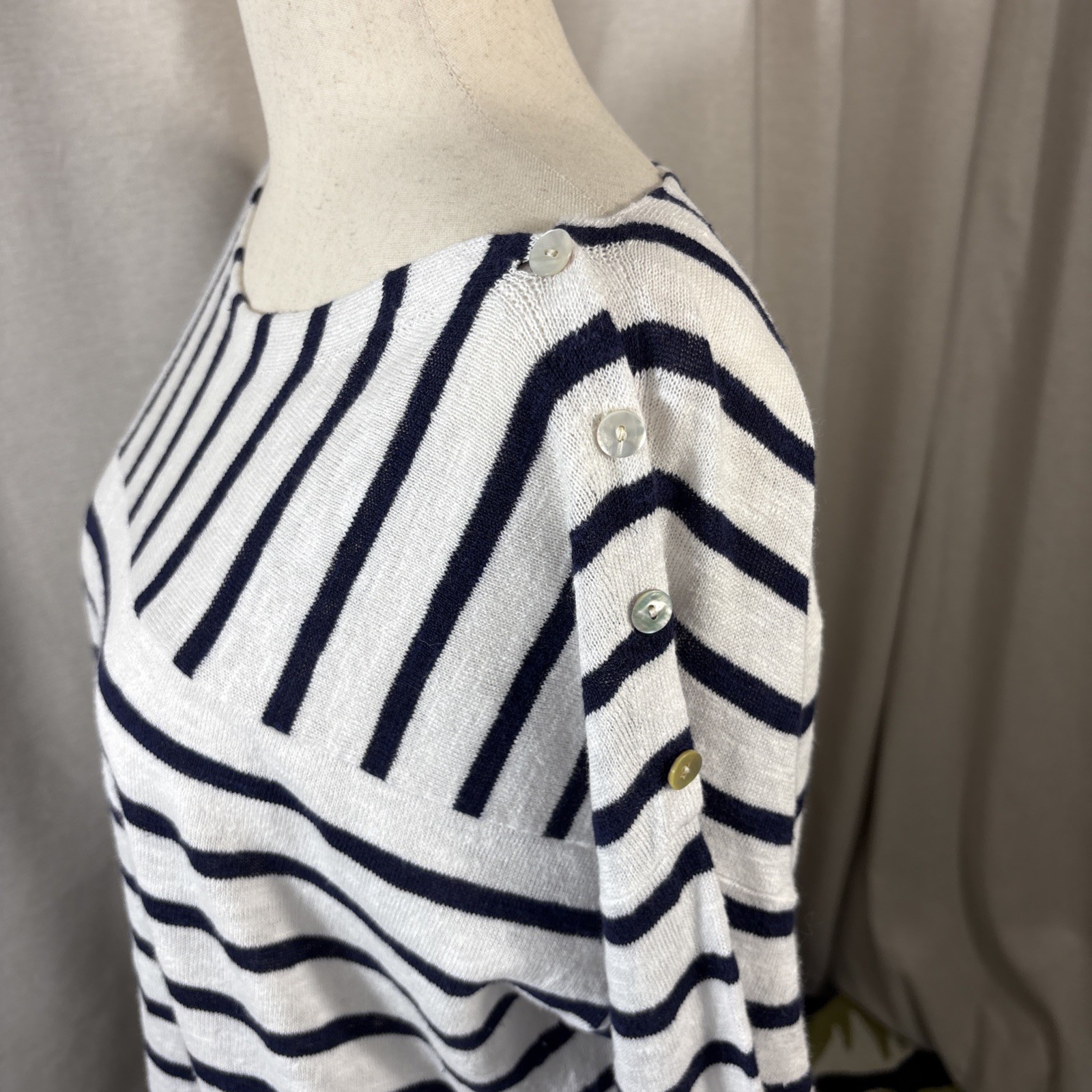 Eileen Fisher Womens Navy & White Linen Cotton Stripe Knit Sweater 1X Drapey