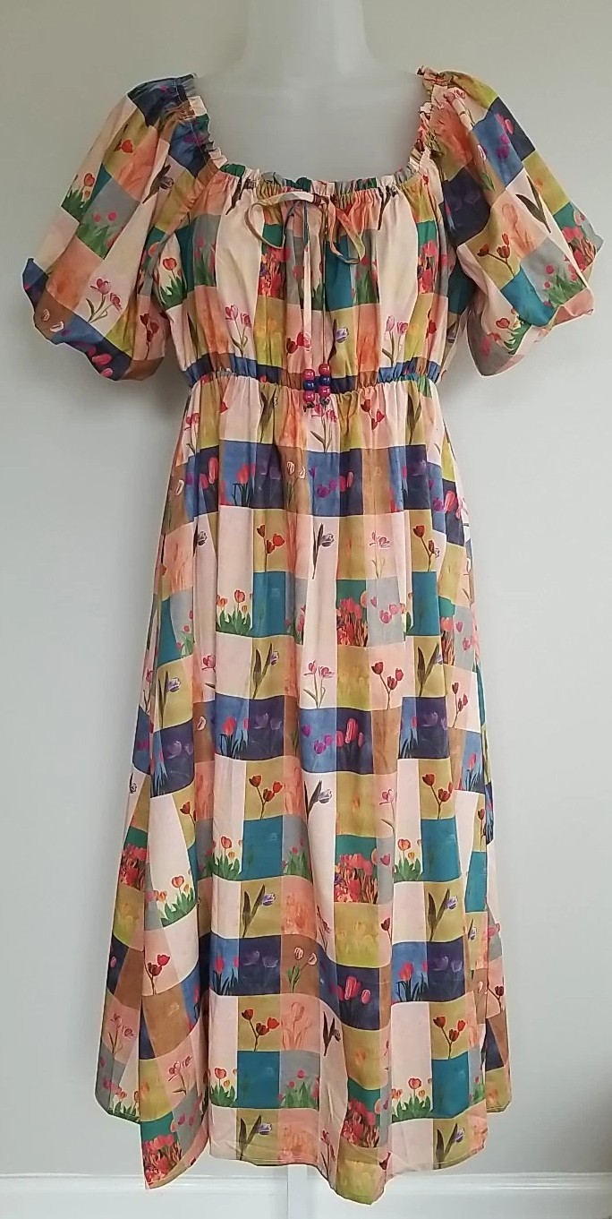 Davi & Dani Checkered Tulip Print Midi Dress NWT Spring Floral Beaded Tie Neck