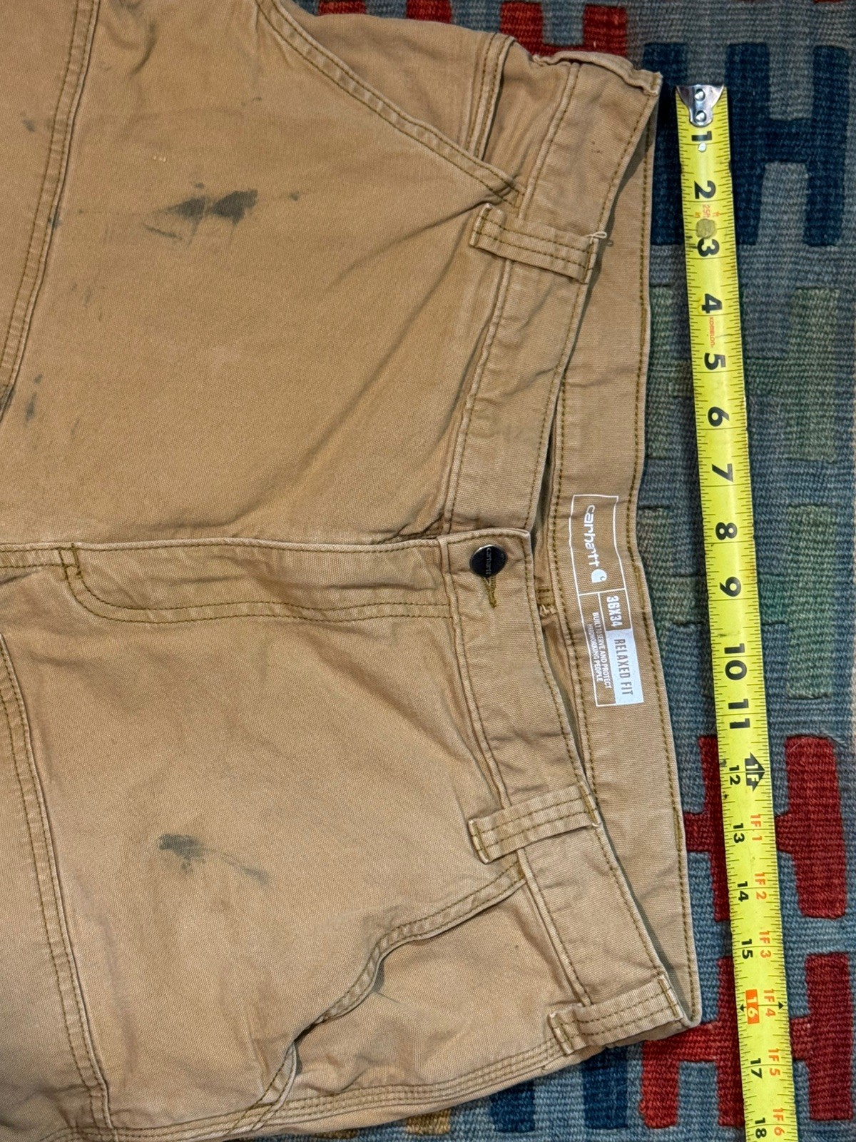 Carhartt Men’s Size 36×34 Relaxed Double Front Utility Work Pant Tan Distressed