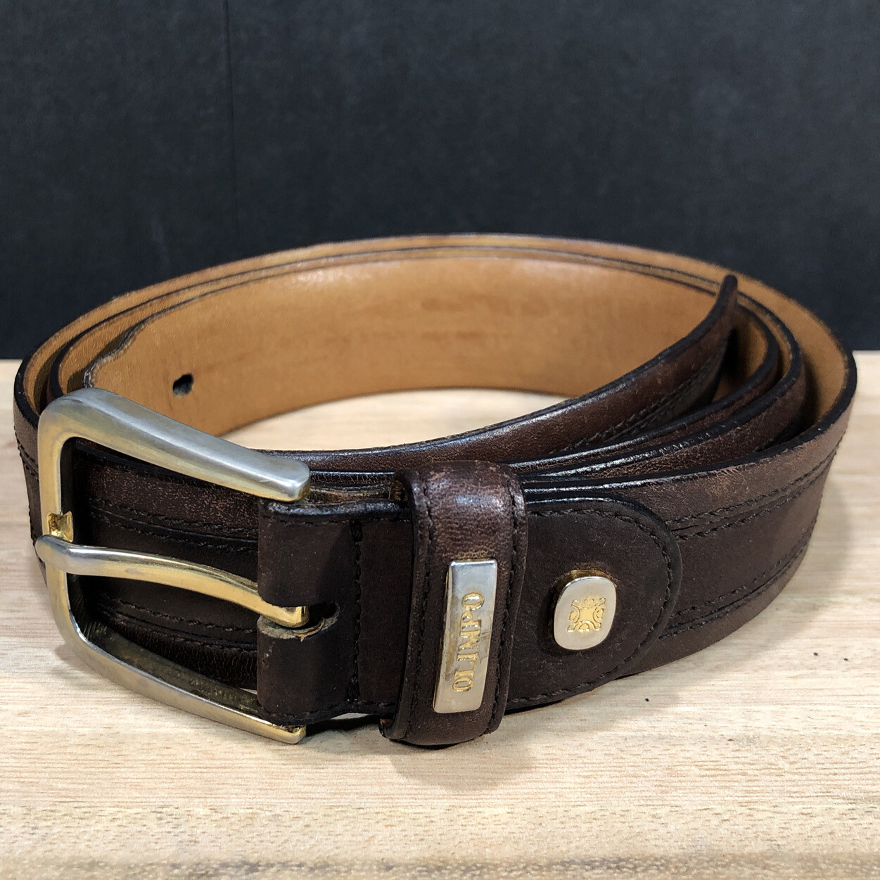 Vintage Olimpo Stitched Brown Leather Belt 105 cm 42″ #1549 Made In Spain