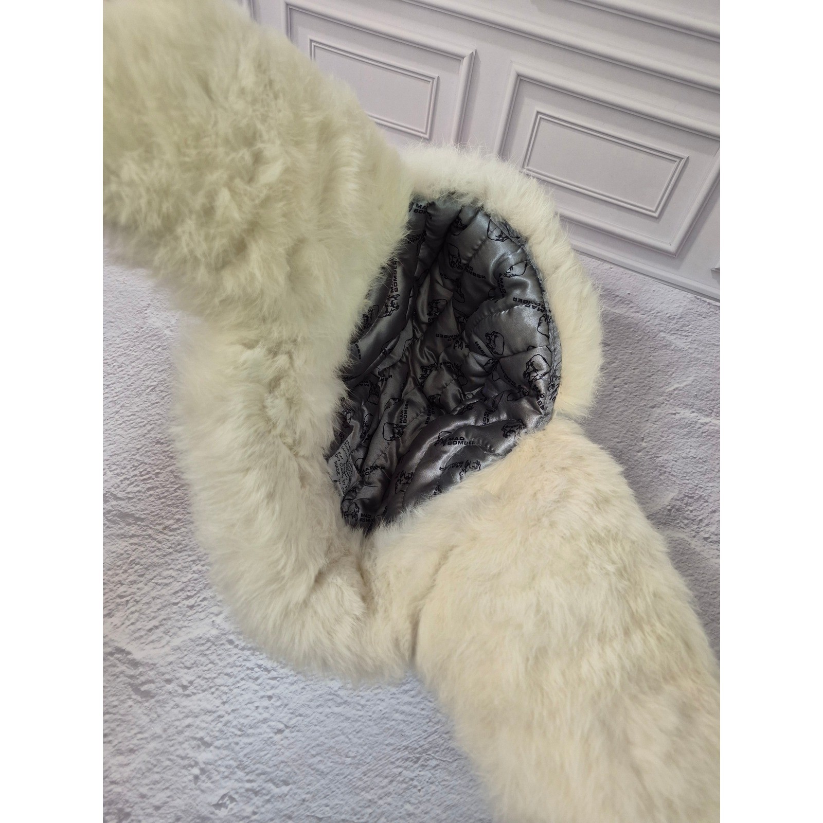 Mad Bomber White Trapper Hat Genuine Rabbit Fur Trim Aviator Winter Cap Womens