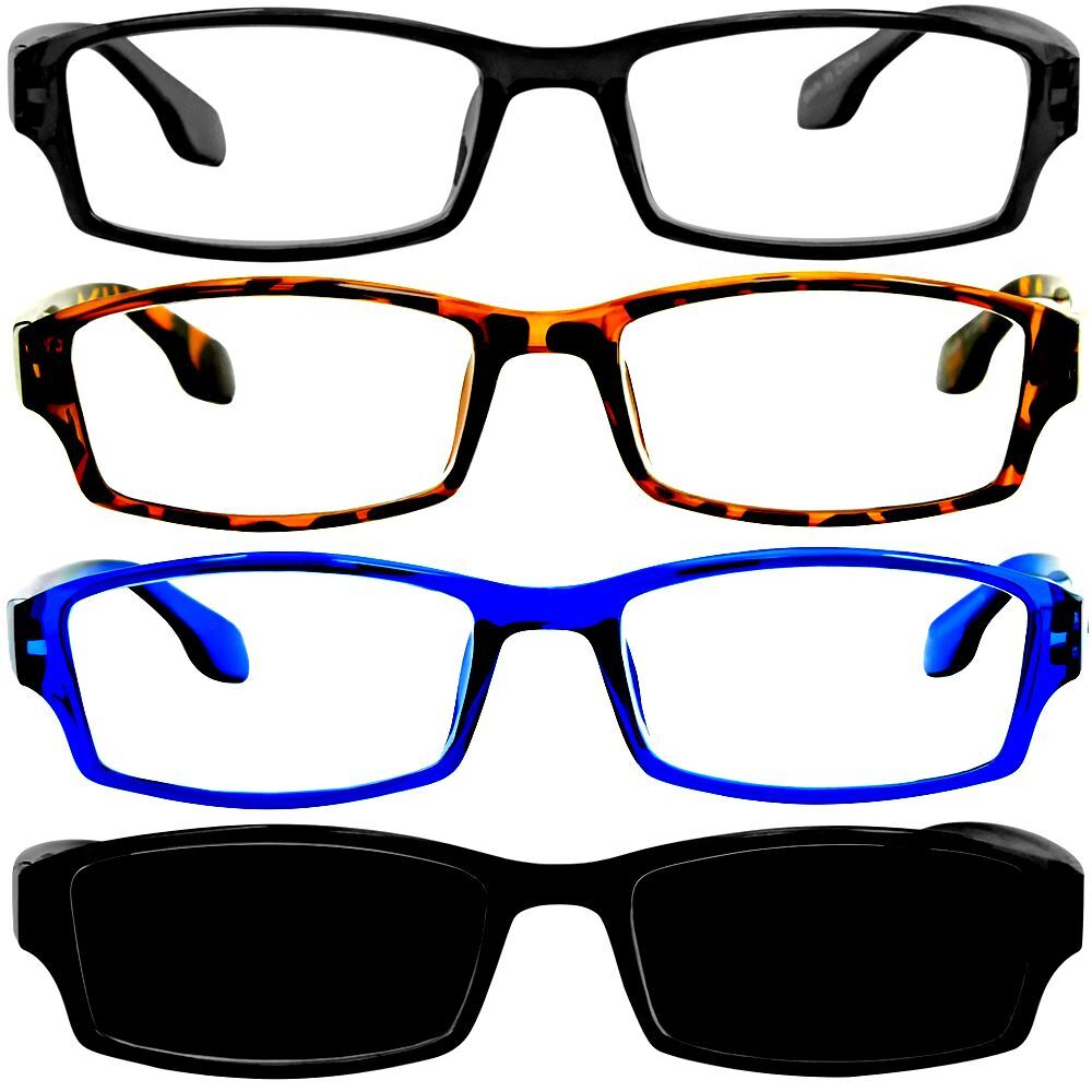 NEW Reading Glasses | 4 Pack | Black Tortoise Blue Sun | Flex Hinges