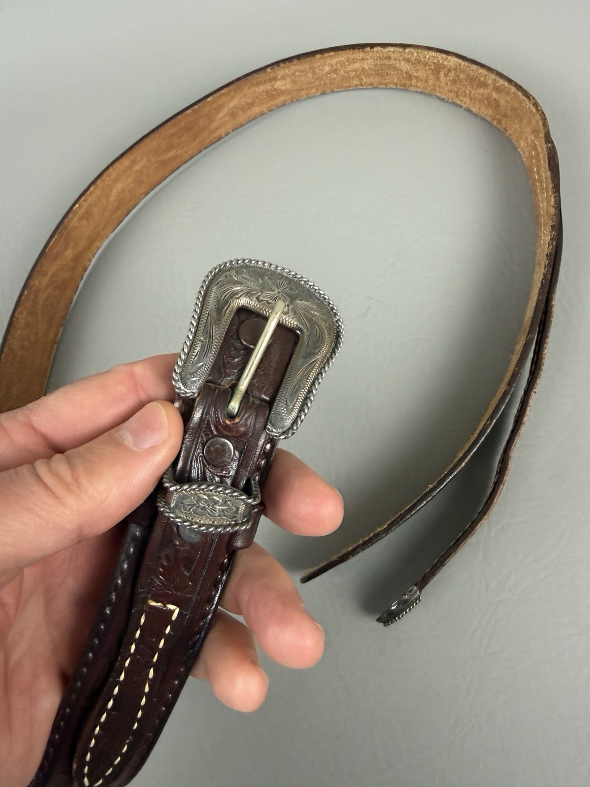 VOGT 3 Piece Sterling Silver .925 Buckle Tex Tan Leather Belt Size 36