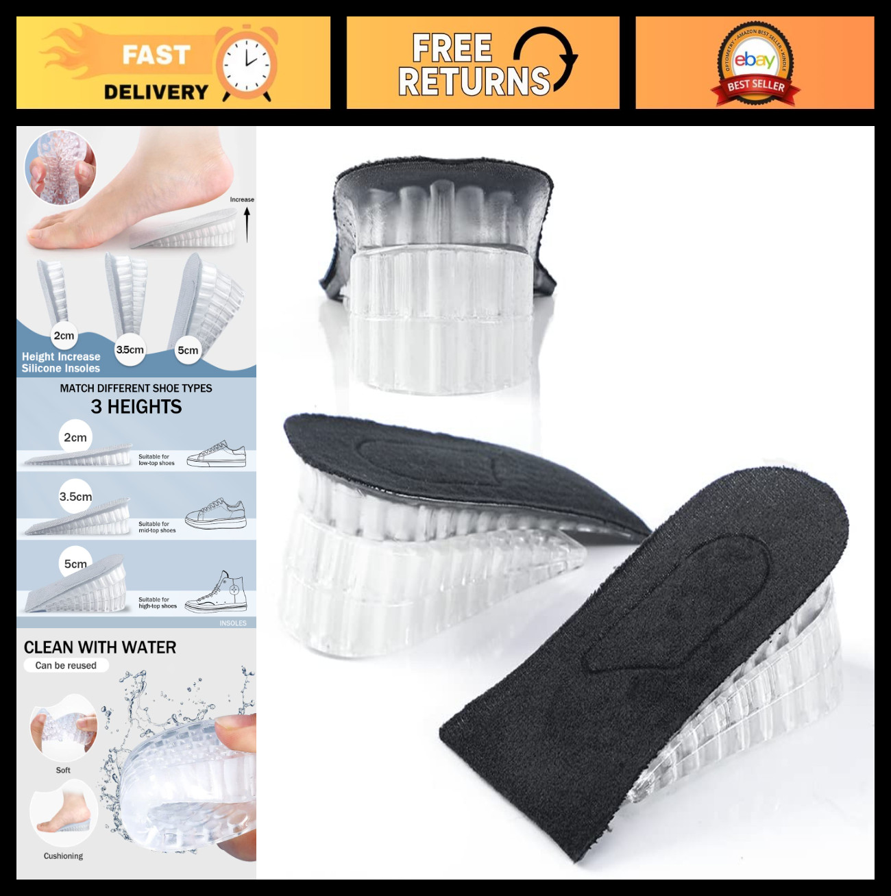 Height Increase Gel Insoles – 5cm Adjustable Heel Lift Inserts for Men & Women