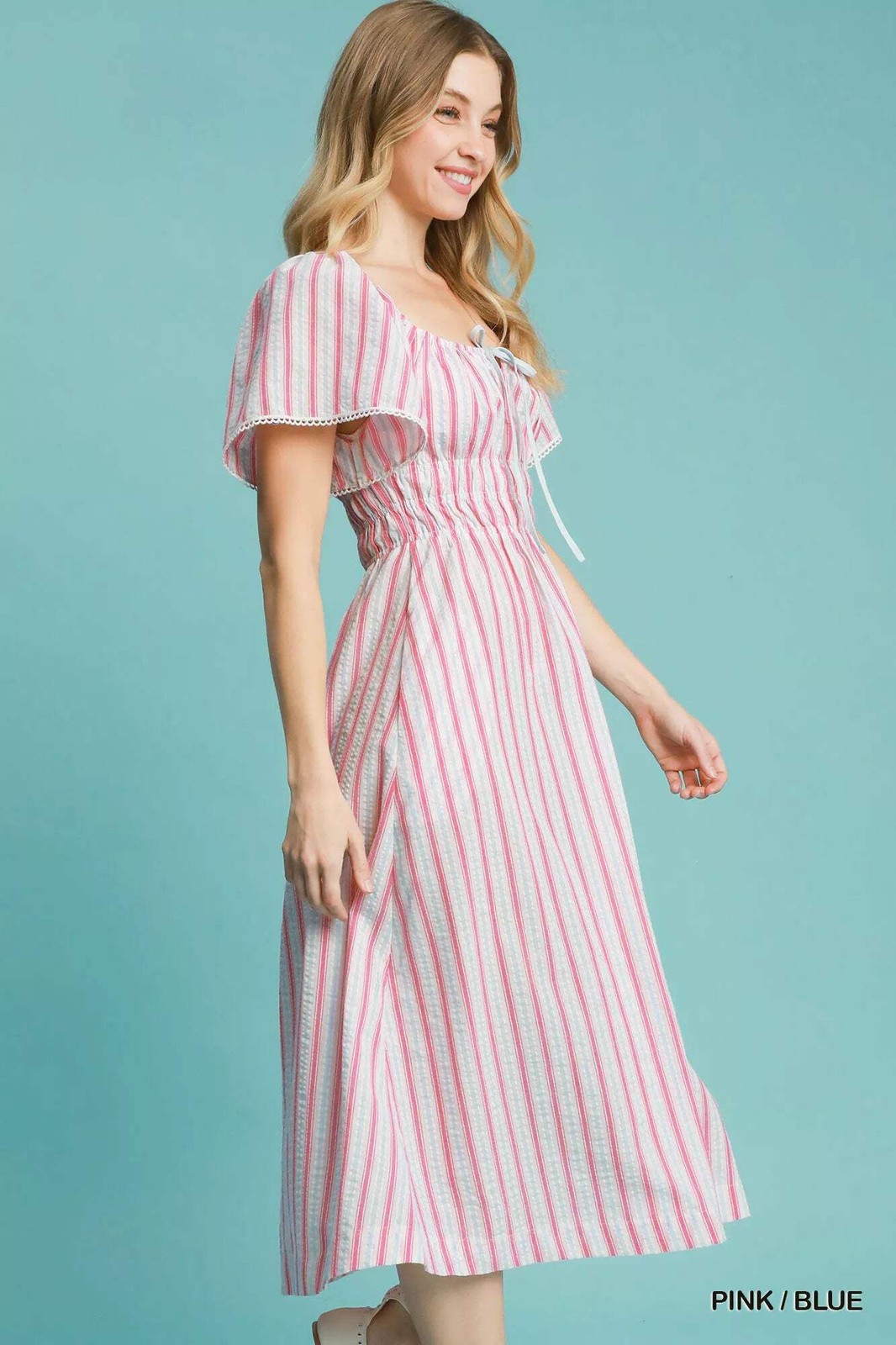 Umgee Cotton Blend Smocked White Pink Stripe Short Sleeve Fit & Flare Midi Dress
