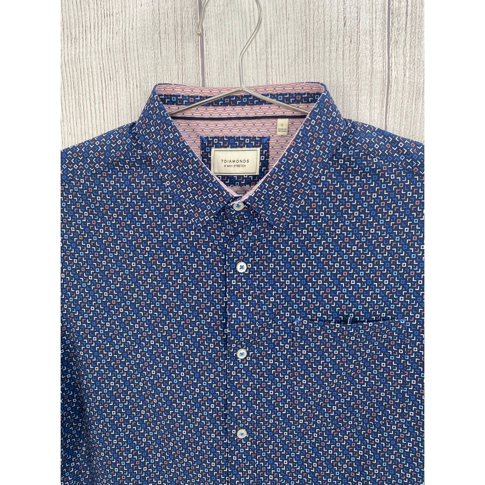 7Diamonds Shirt Mens LARGE Blue Button Down Excellent 4-Way Stretch Geometric