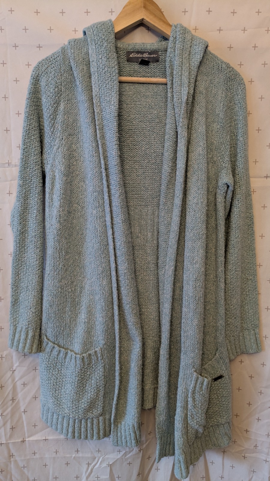 Eddie Bauer Knit Open Front Cardigan with Pockets and Hood in light blue