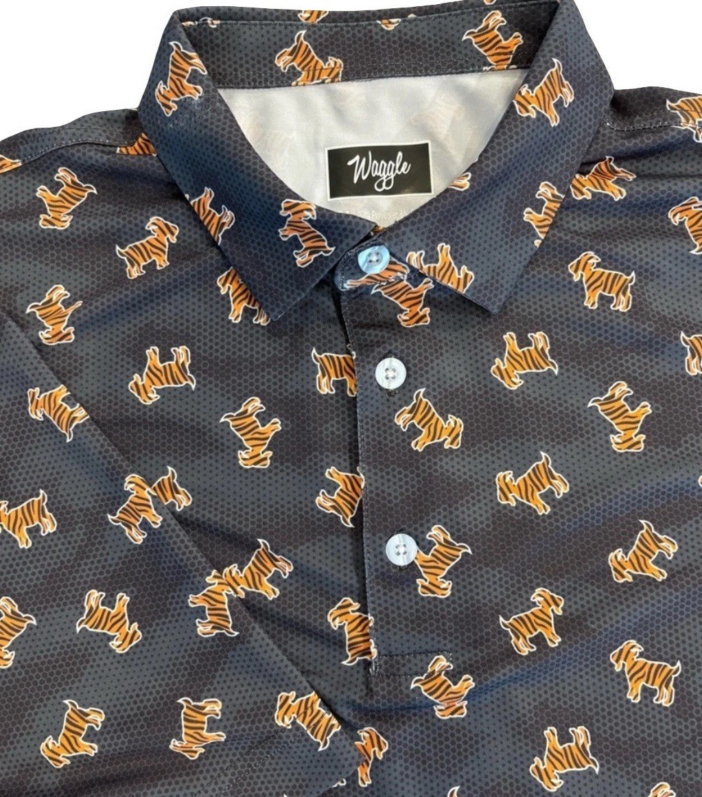 Waggle Golf “The GOAT” AOP Tiger Print Black Performance Polo – Men’s XL *READ*