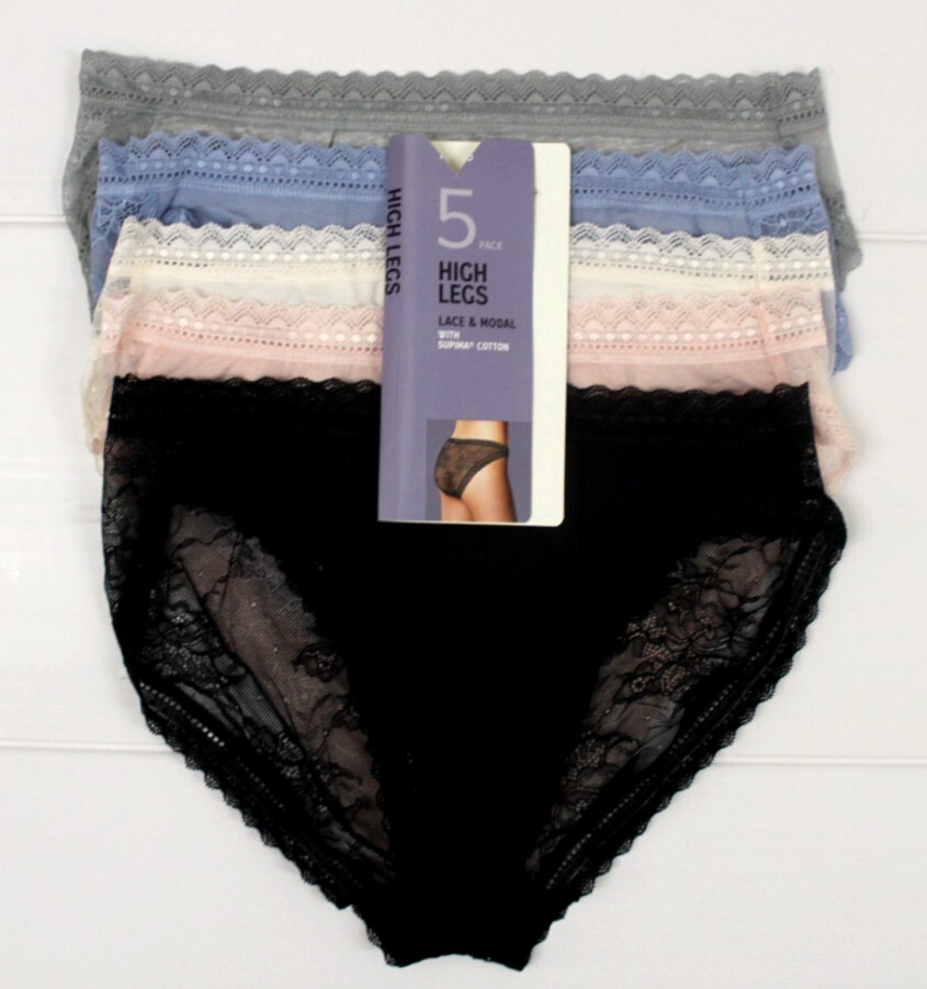 ex M & S Ladies 5 Pack Lace & Modal Supima Cotton High Legs Briefs Sizes 8 to 20