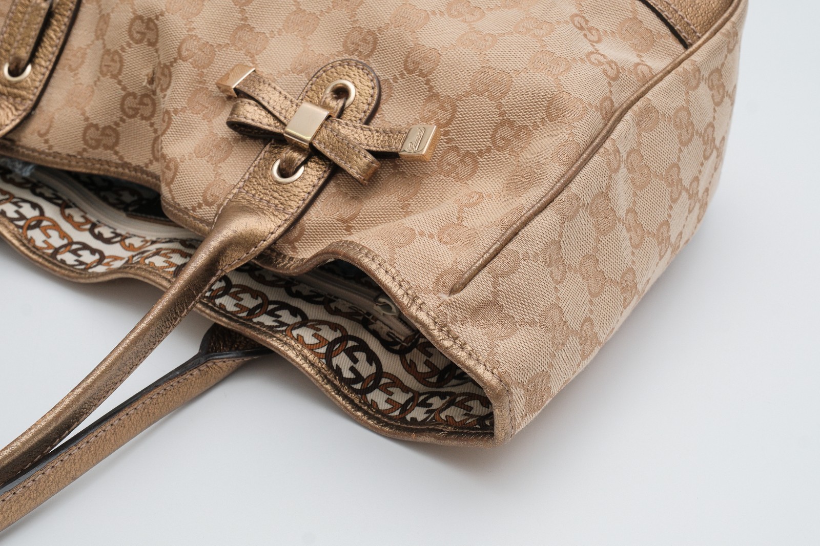 GUCCI Princy Tote Shoulder Hand Bag GG Canvas Gold