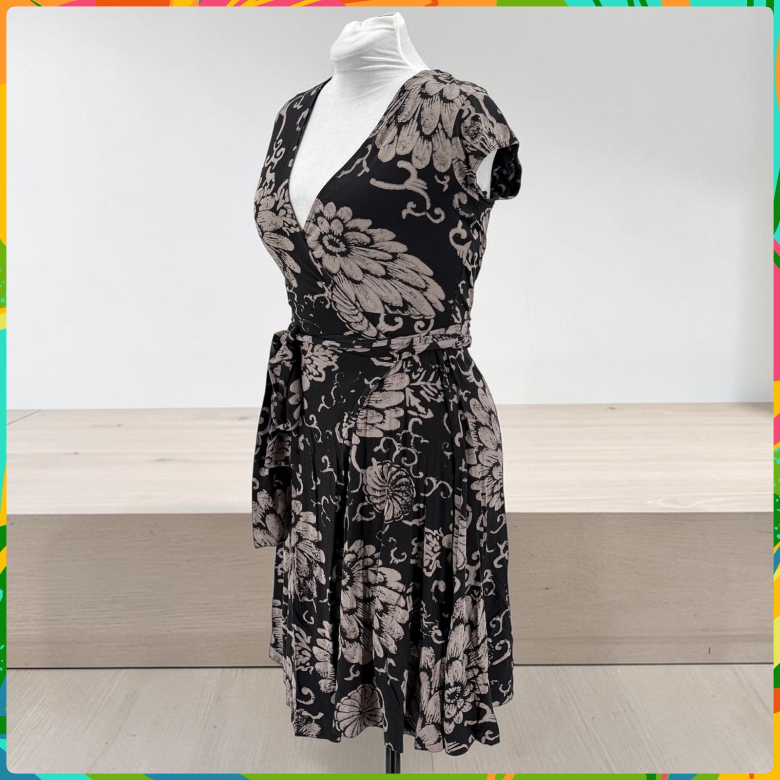 LUCKY BRAND Black Beige Floral Cap Sleeve Jersey Wrap Dress with Tie Belt Size M
