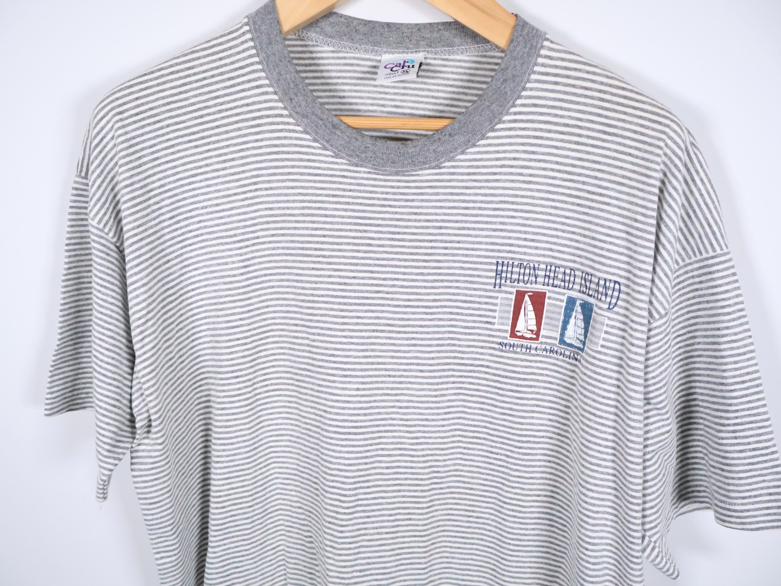 90s Ringer T-Shirt Men’s XL Gray Striped Single Stitch Hilton Head Island Surf
