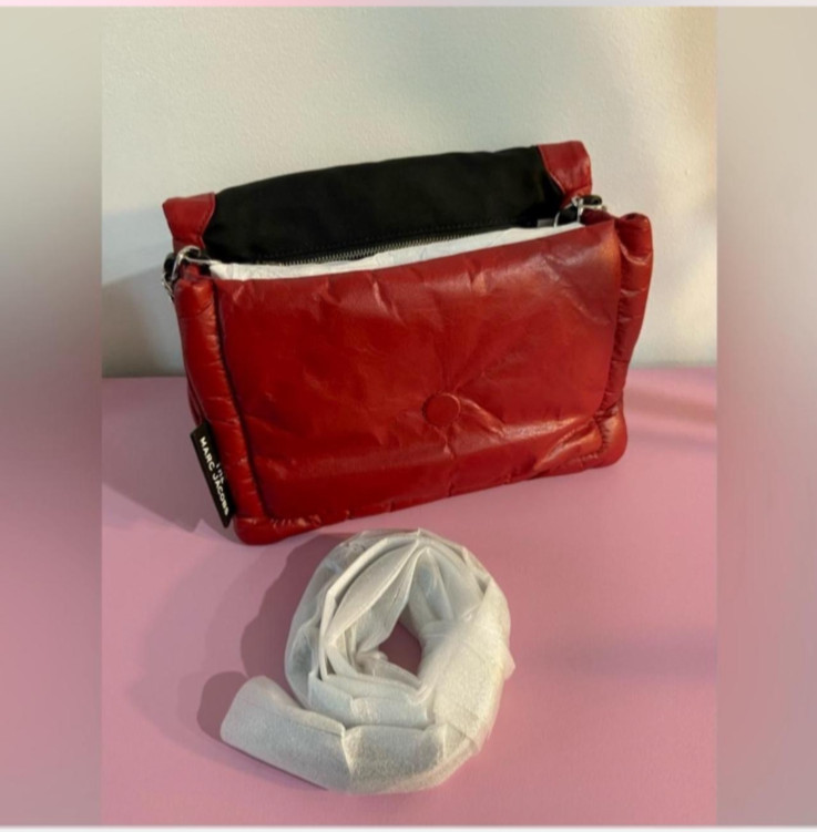 Marc Jacobs mini pillow bag, cranberry red. Larger size 7x10x4