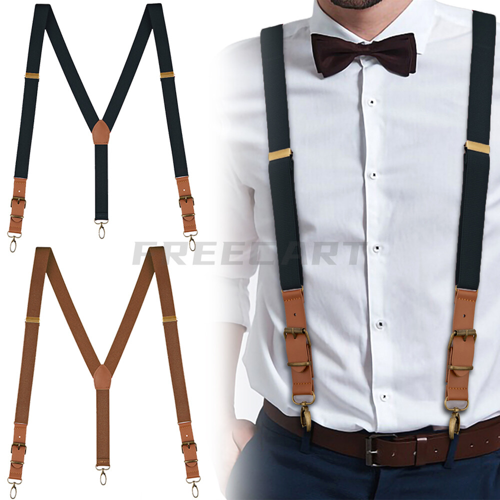 Mens Leather Suspenders Adjustable Elastic Y-Shaped Braces Hooks Pants Brace
