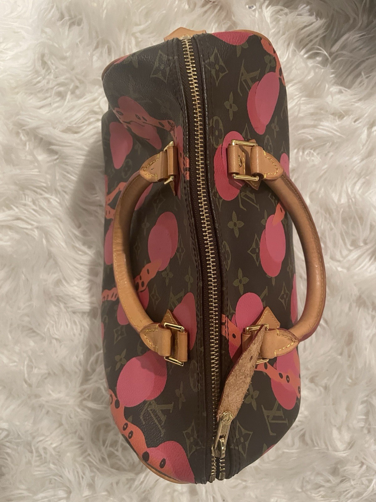 Louis Vuitton Monogram Brown Speedy Satchel Zip Top Pink Cherry Print Strap