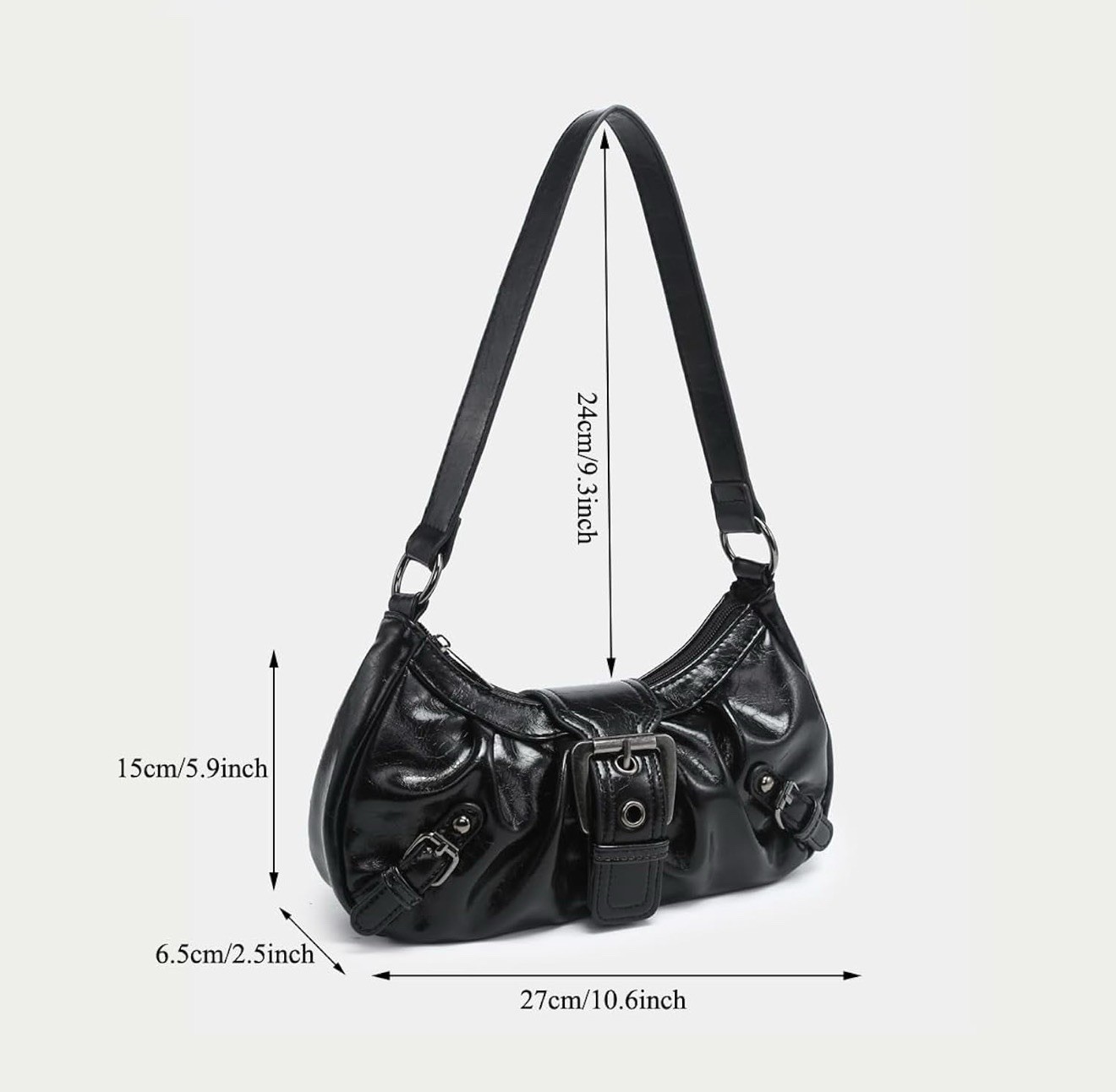Black Shoulder Bag Zip Top Buckle Accent Adjustable Strap Silver Hardware