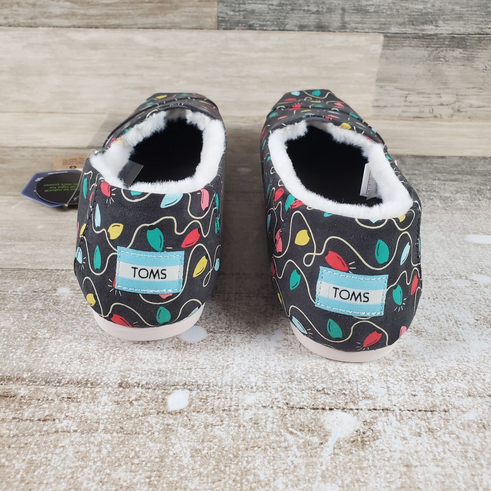 Toms Alpargata Womens Flat Shoes 9.5 Black Forged Iron Tree Lights Print Slip On