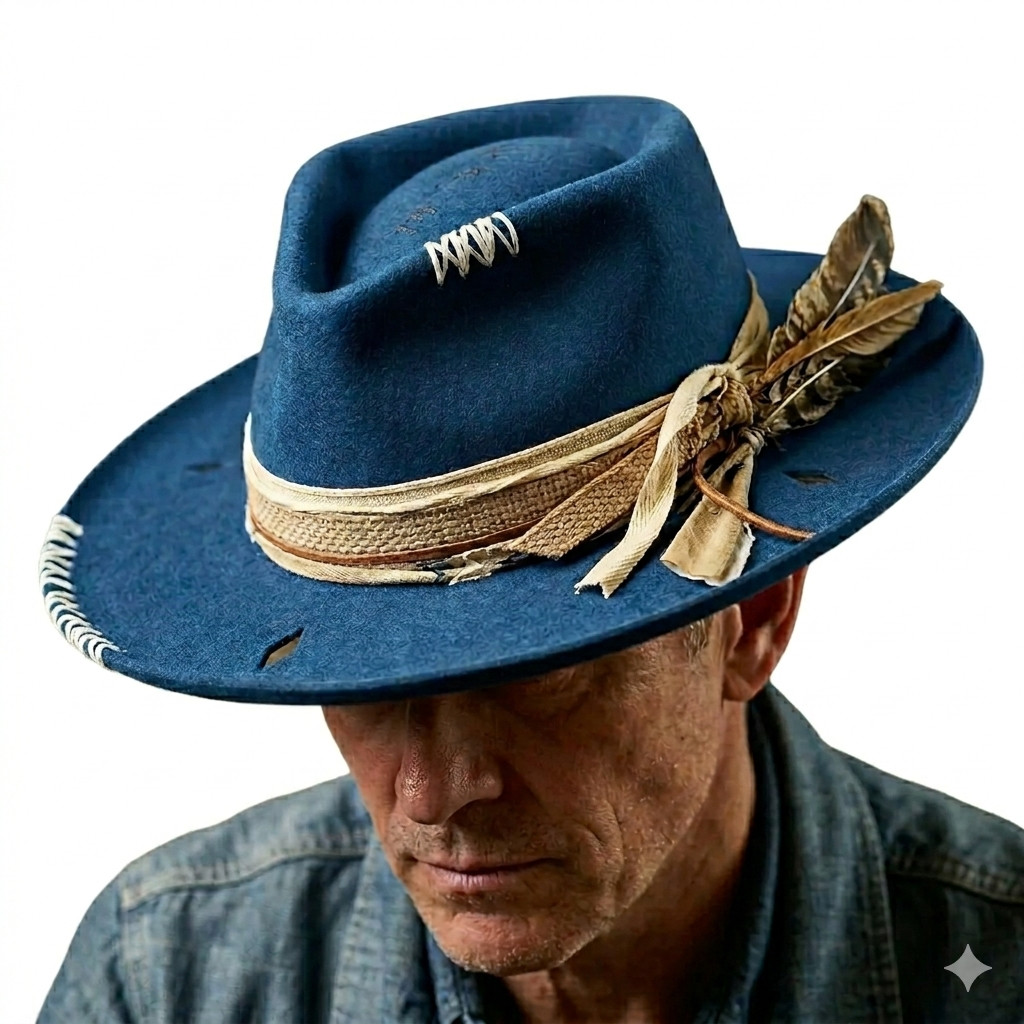 Vintage Blue Western Fedora Top Hat Genuine Leather Cowboy Hat with Feather Band