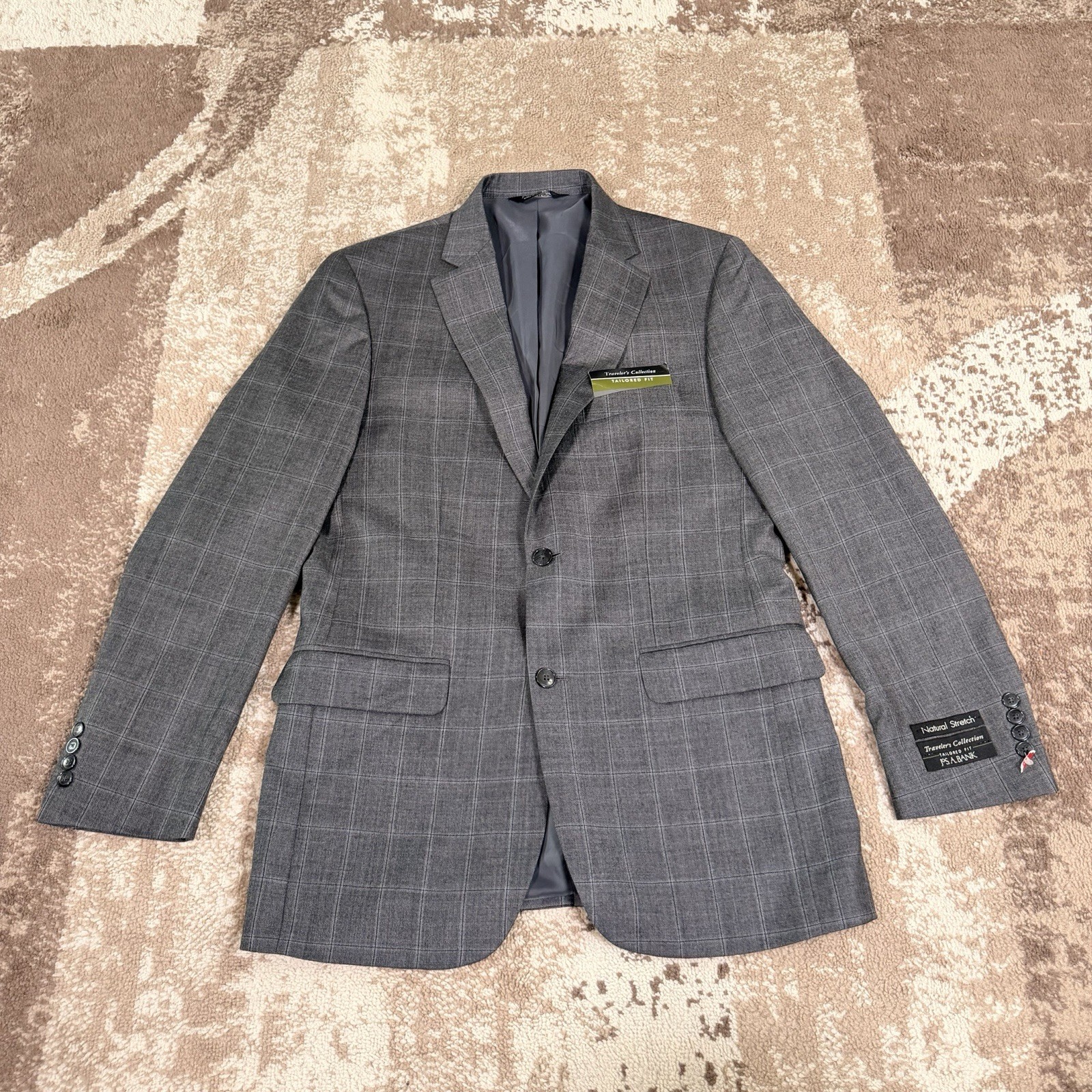 JOS A Bank Traveler Wool Jacket Blazer Mens 40L Tailored Fit Windowpane Gray