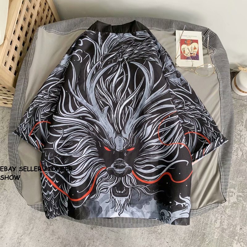 Retro Men Chinese Japanese Oriental Kimono Dragon Top Casual Shirt Hanfu Hip hop