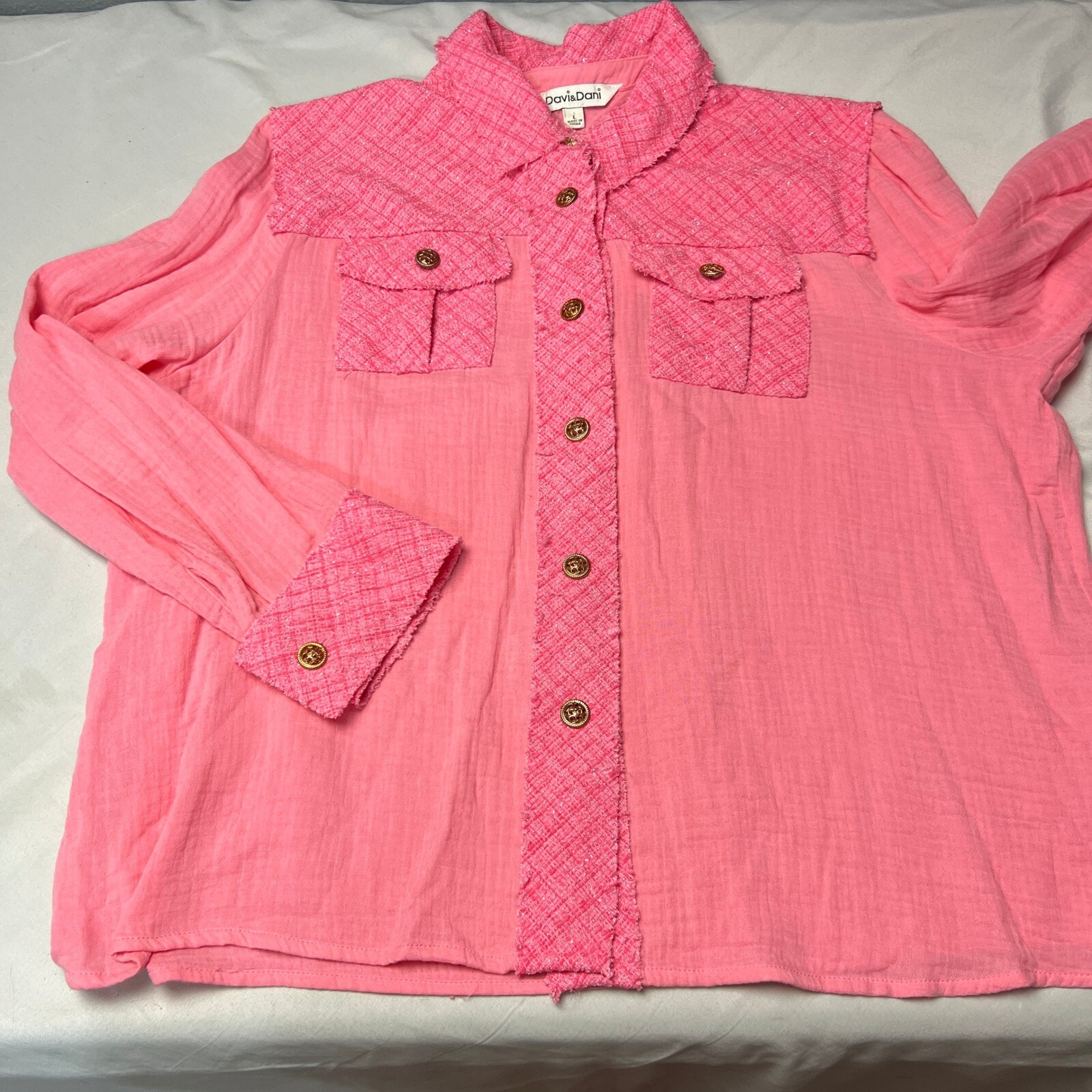 Davi & Dani Barbie Pink Tweed Accent Button Down Mixed Media Boho Shirt Large