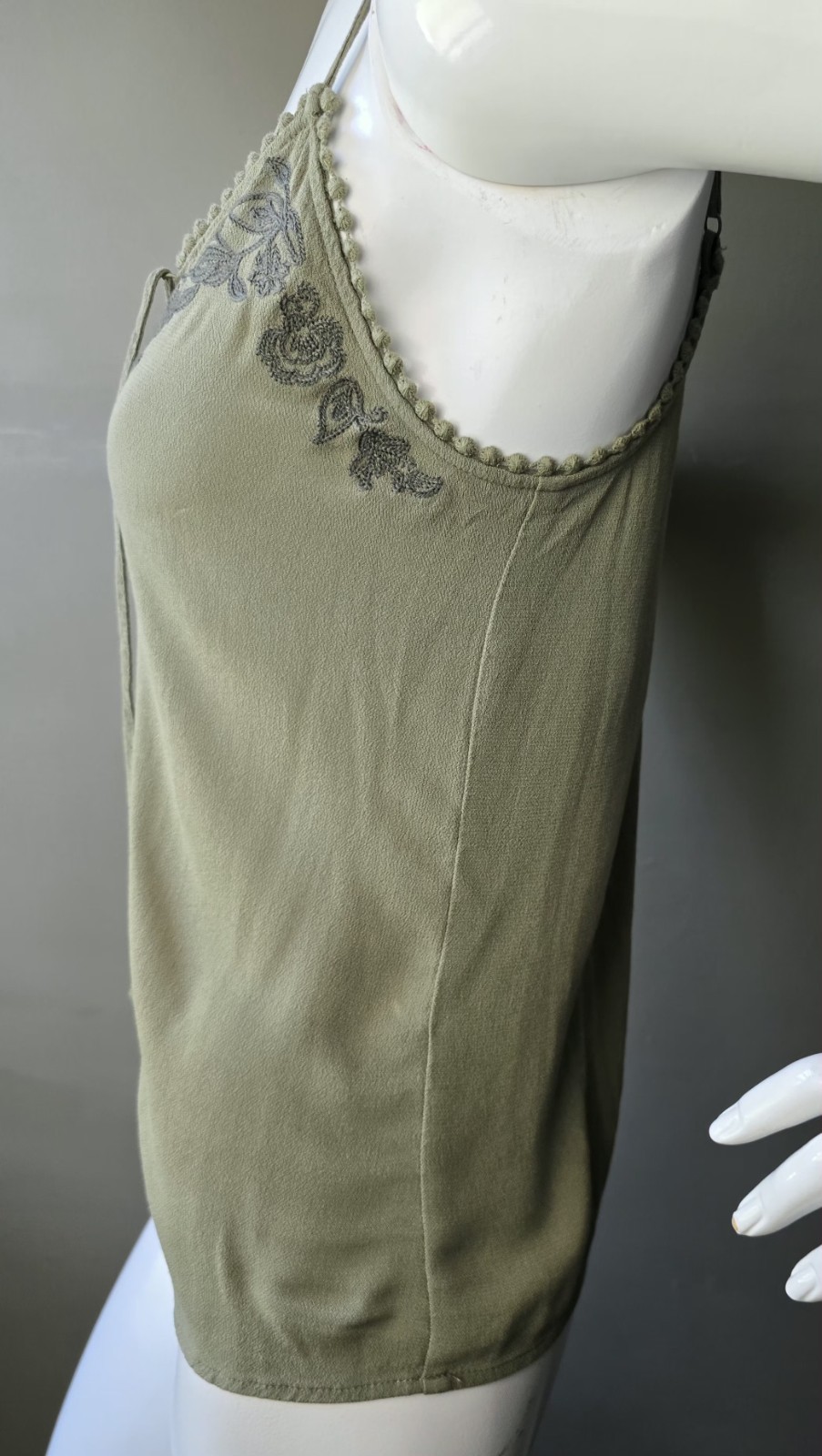 Daytrip Embroidered Lace-Up Tank Top Cami Green Rayon XS Adjustable Straps