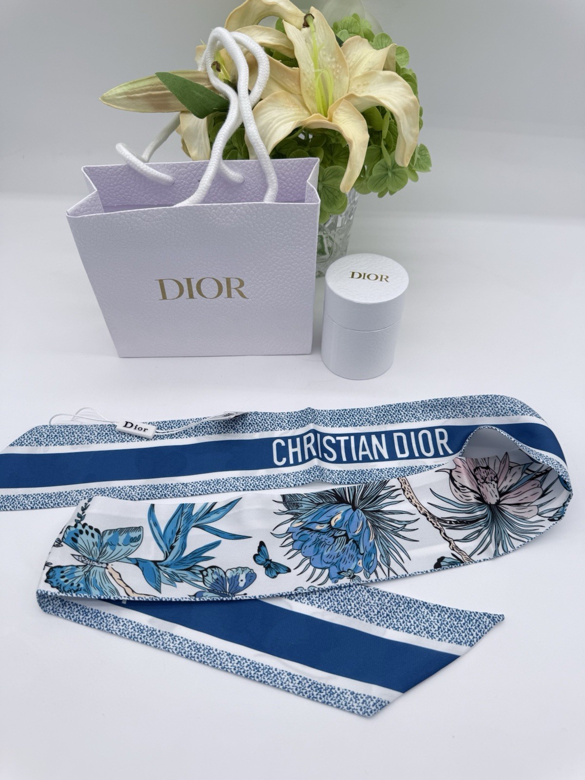Christian Dior GWP Silk Ribbon Scarf Blue Floral Butterfly Print 41.3″ Gift Box