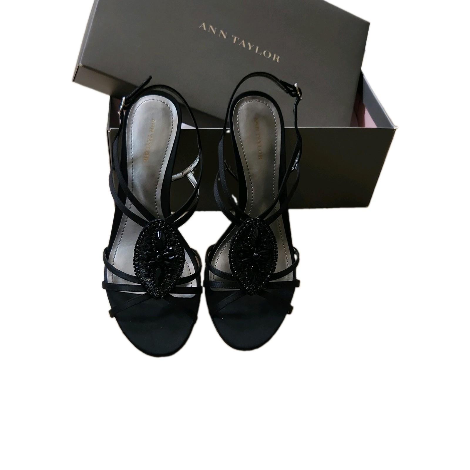 Ann Taylor Black Strappy Beaded Sequin Slingback Heels Buckle Open Toe 9M
