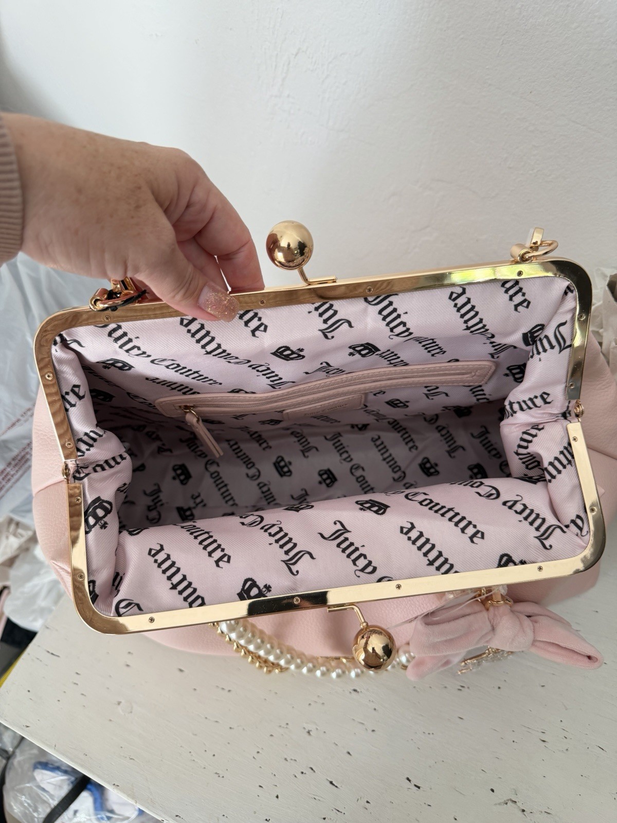 Juicy Couture Charm Haus Large Frame Clutch Bag Purse With Pearls Pink Clay