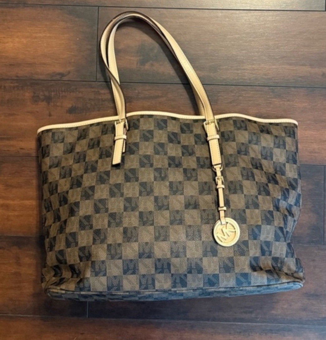 Michael Kors Brown Checkered Large Tote Double Handles MK Charm Gold Hardware