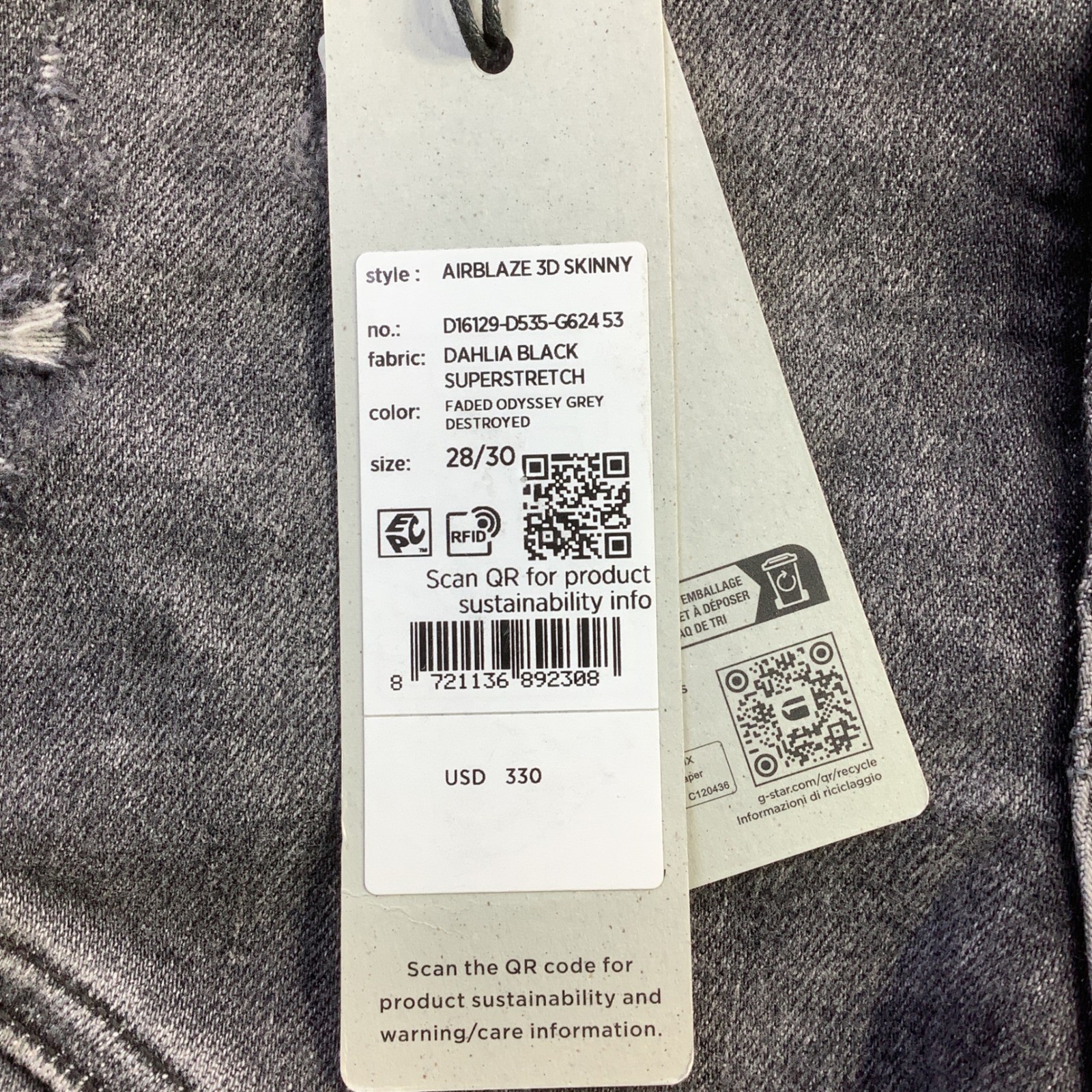 G-Star RAW Airblaze 3D Skinny Jeans 28 x 30 Faded Odyssey Grey Destroyed NWT