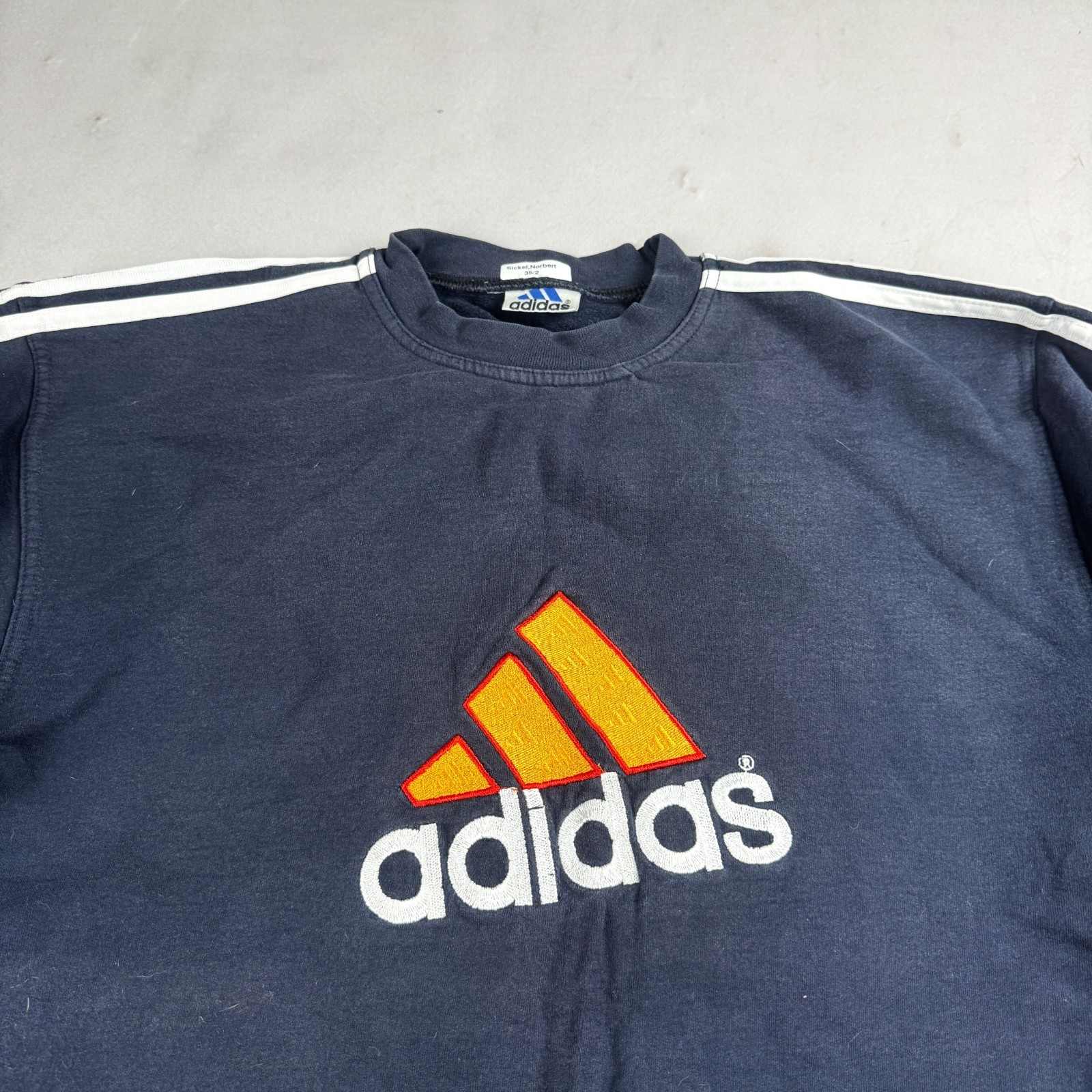 Mens Vintage Adidas Big Logo Three Stripe Crewneck Sweatshirt Navy Orange Sports