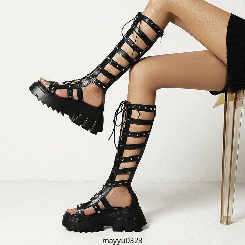 Womens Gothic Casual Mid Block Heel Gladiator Lace Up Platform Sandals Shoes Hot