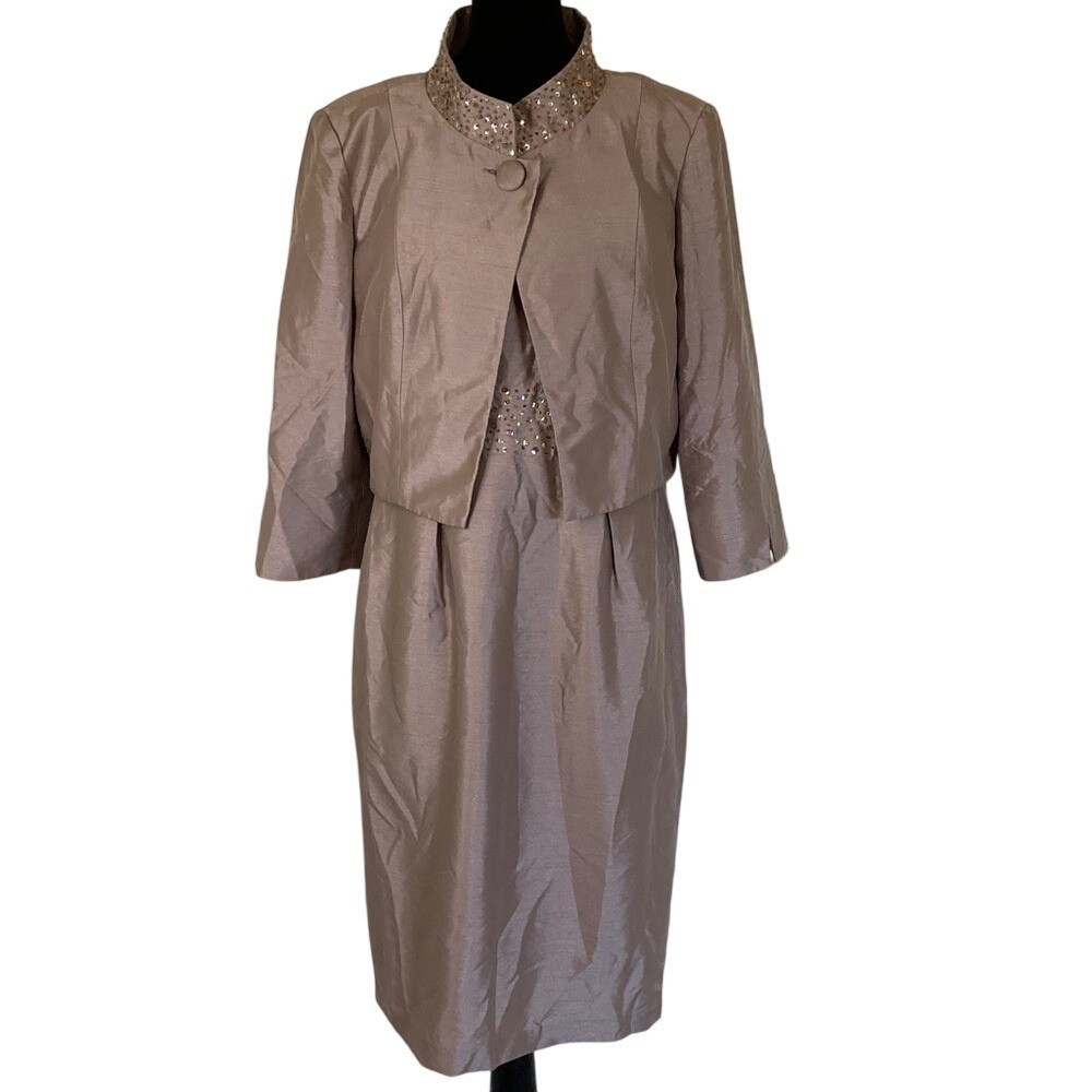 Davids Bridal Womens Elegant Taupe Dress Jacket Set Size 10 Mother of Bride