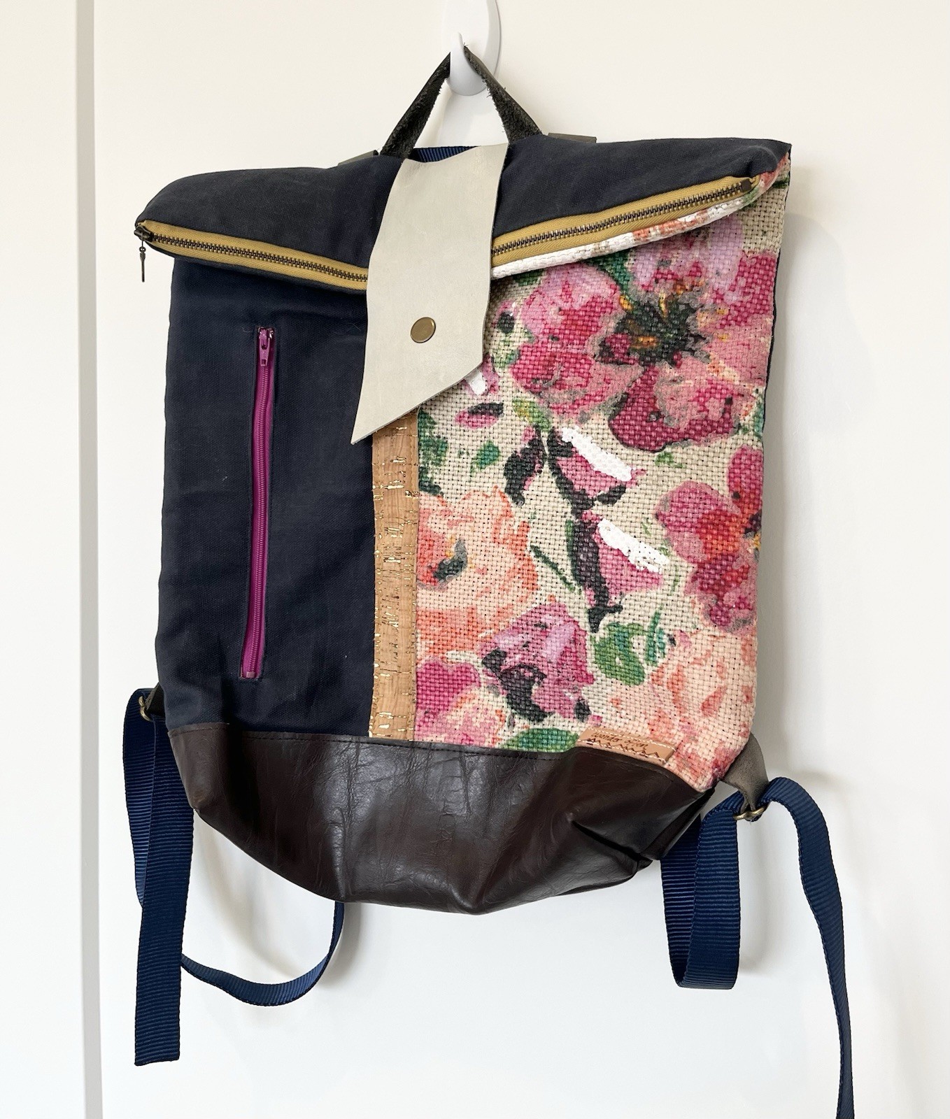 Handmade Roll Zip Backpack Denim Hand Painted Floral Textile Leather Boho Bag