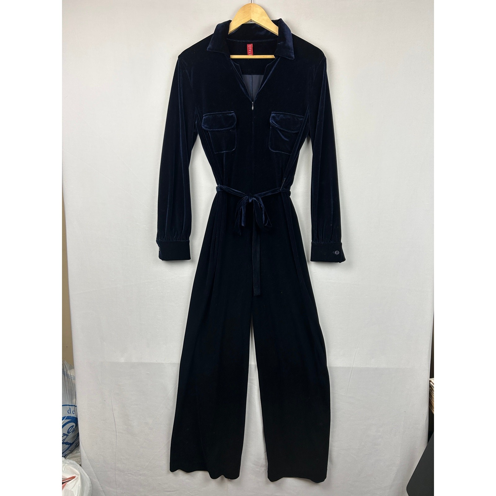 Staud Lappo Velvet Jumpsuit Navy Blue Belted Collar Women’s Size M *SEE DETAILS*