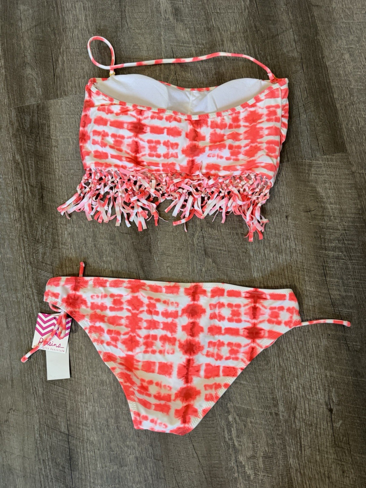 Raisins SWIM, Bikini Set, M, Coral/White Tie-Dye, Fringe Bandeau, Size: M, NWT