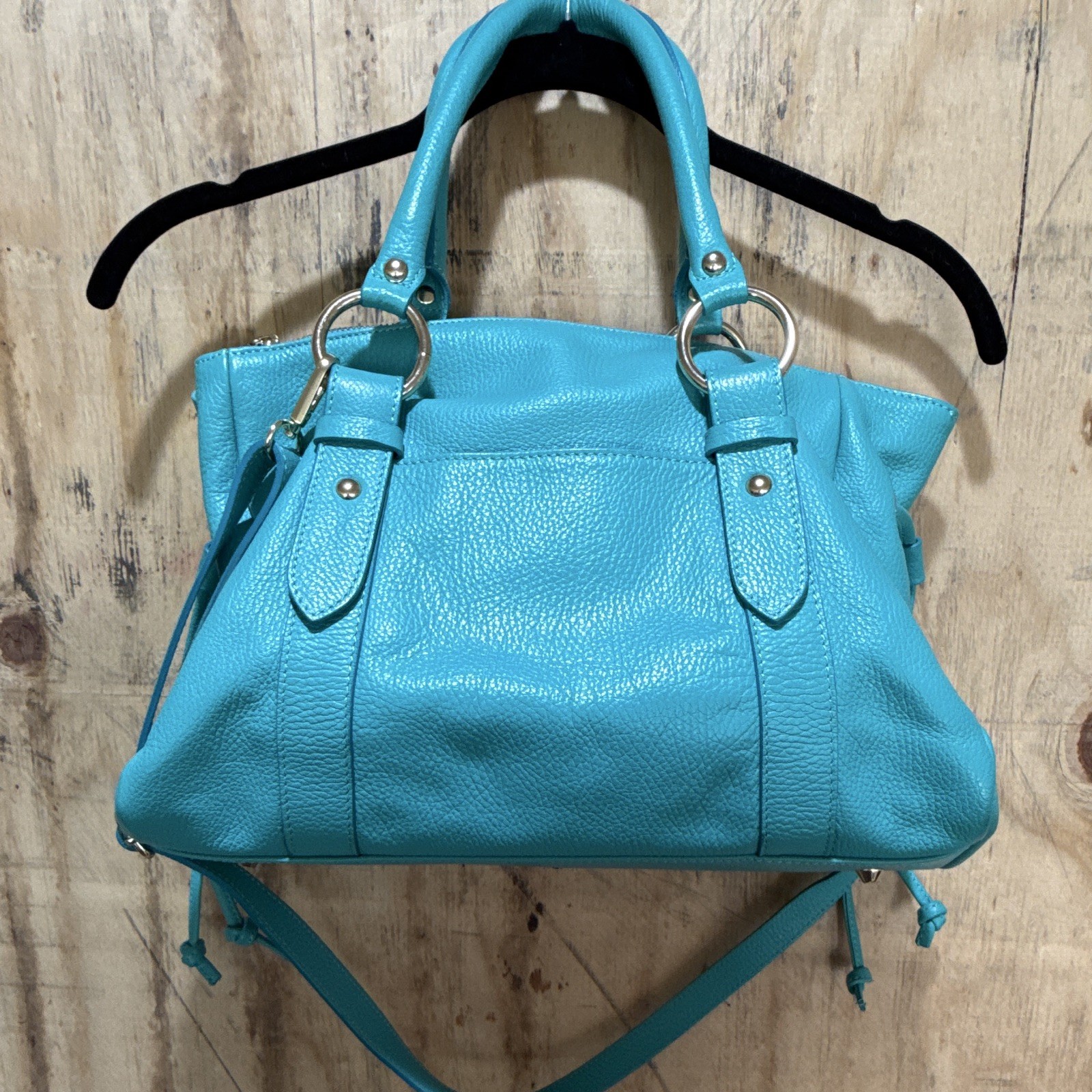 Valentina Blue Pebbled Satchel Top Handle Bag, Zip, Lined Pockets, Strap