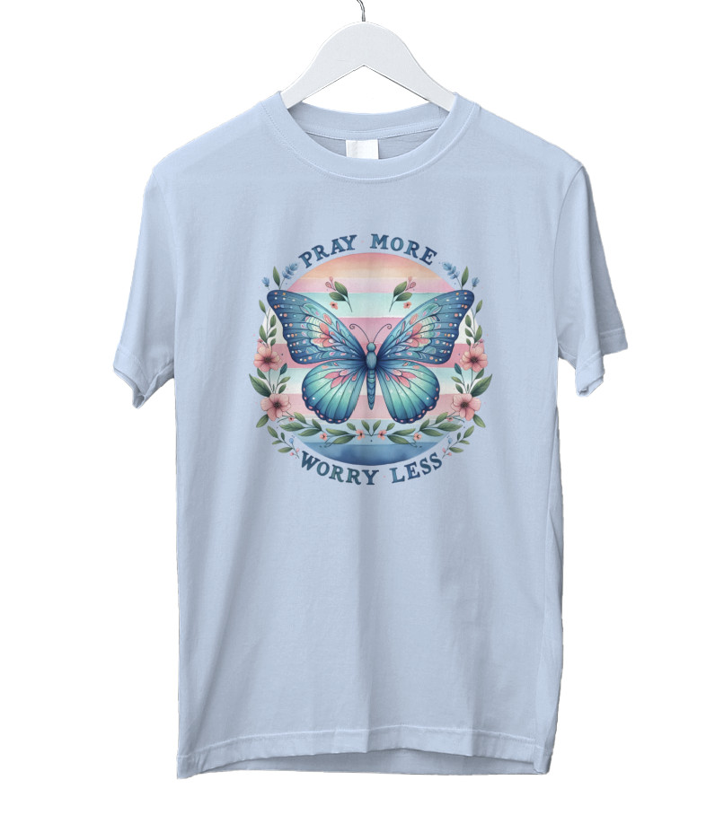 Women’s Christian T-Shirt Pray More Worry Less, S, Faith, Jesus, God