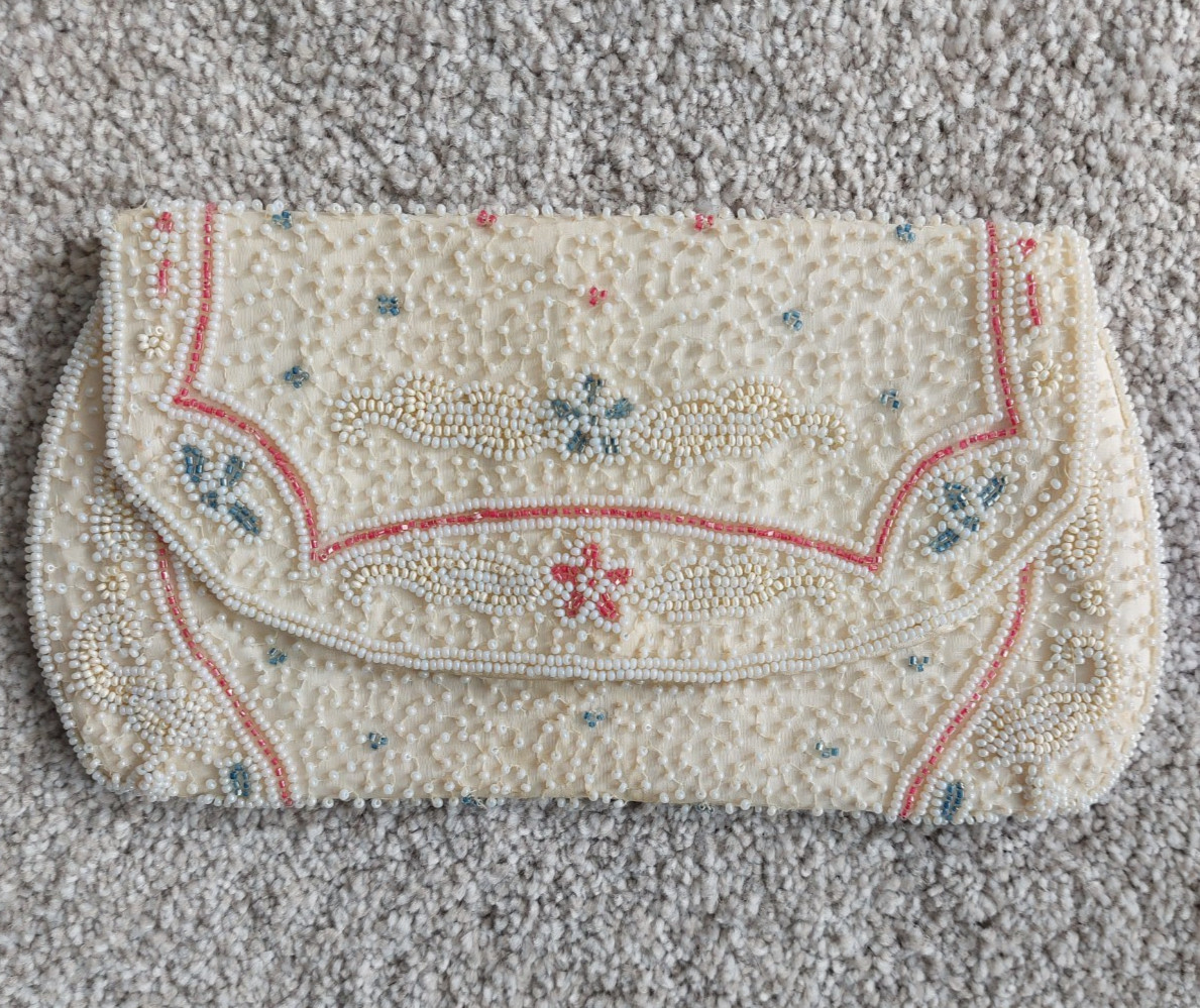 Vtg. Walborg Hand Beaded Clutch Purse Ivory Pink Blue Floral Made in W. Germany