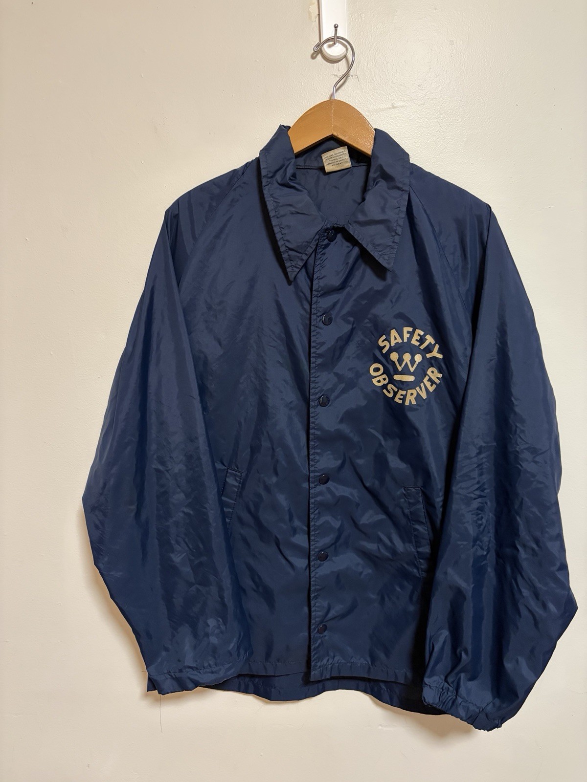 Vintage 70s Sportsmaster Safety Observer Flock Print Windbreaker Coaches Jacket